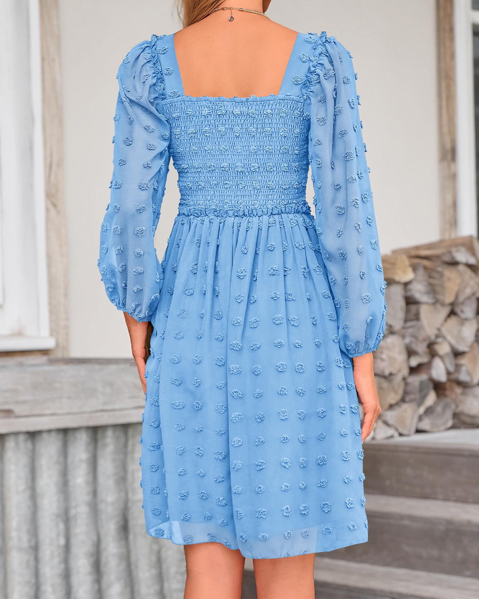 BTFBM Women's Square Neck Smocked Floral Swiss Dot Mini Dress - Long Sleeve Boho Wedding Guest Dress for Spring Summer 2025 | Perfect for Garden Parties, Bridal Showers & Casual Events