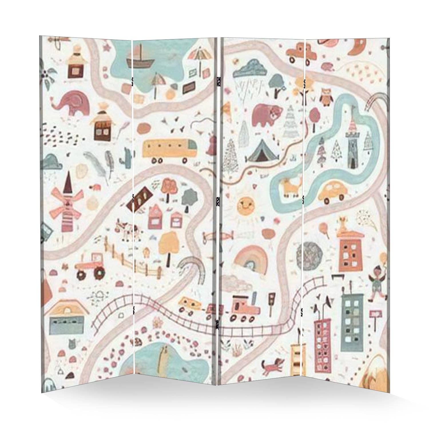 Wooden Screen Room Divider with Children's World Map Design - Foldable Canvas Privacy Partition Panels for Kids & Baby Play Areas - Dual-Sided Wall Decor & Indoor Display Shelves (4-Panel Set, Multicolor) - Perfect for Nursery, Playroom, Classroom & Home Organization