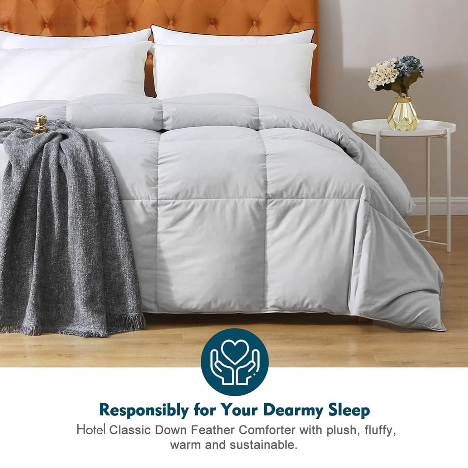 Premium 100% Organic Cotton King Size Down Comforter - Medium Warmth All-Season Gray Feather Duvet Insert with Corner Tabs (106
