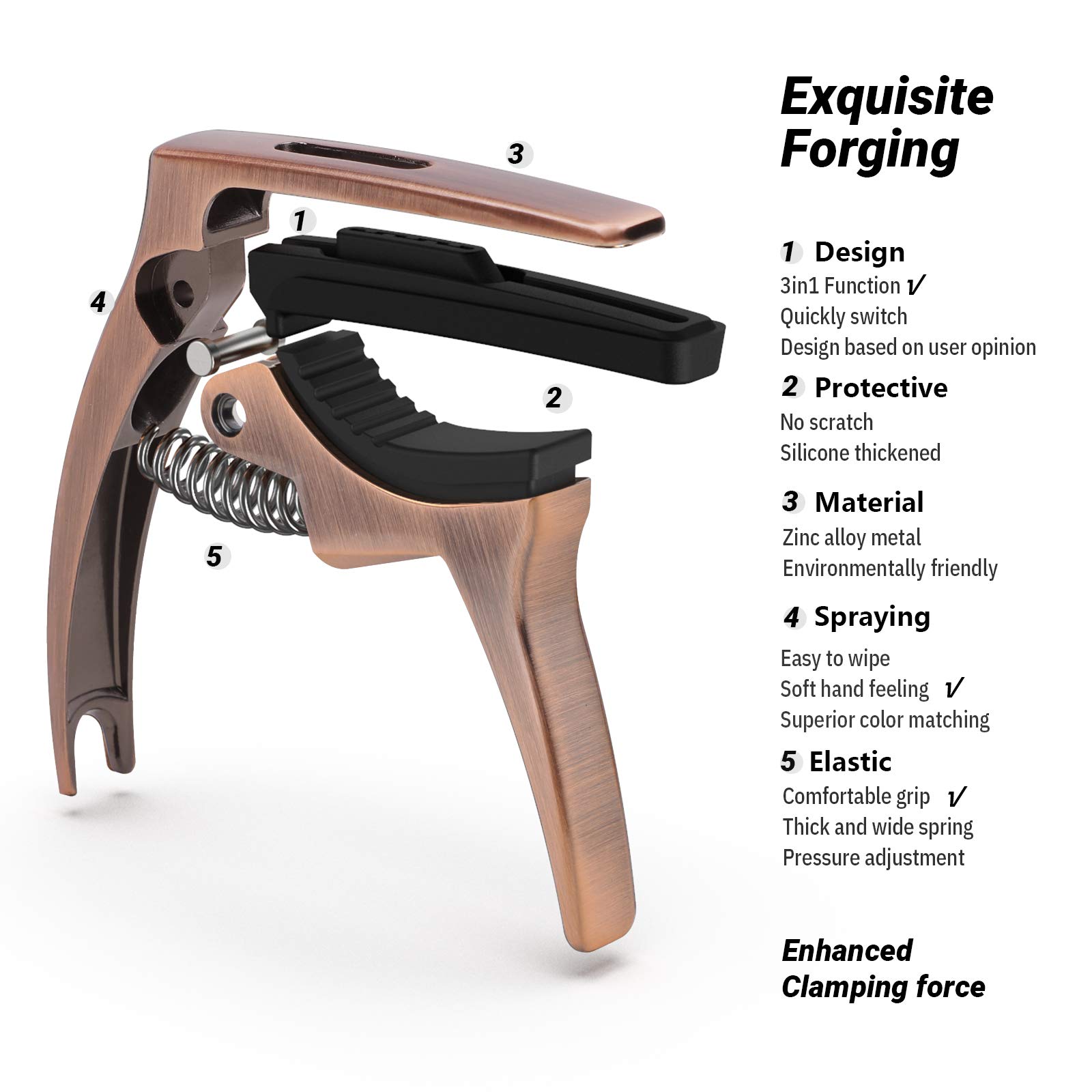 3 in 1 Guitar Capo for Acoustic & Electric Guitars with Storage Bag & Picks - Premium Bronze String Accessories - Perfect for Live Performances, Studio Recording & Practice Sessions