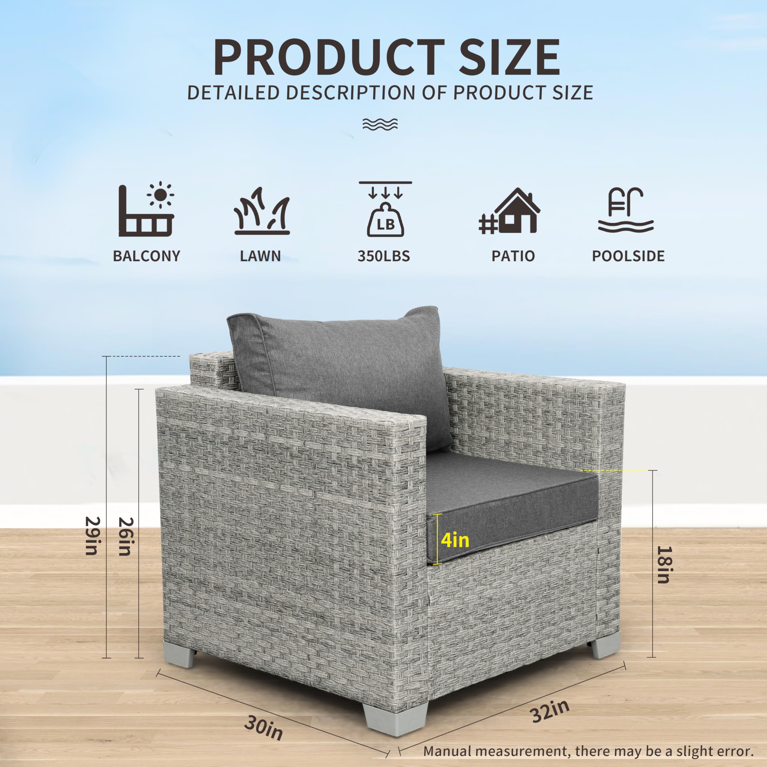 WAROOM 2-Piece Outdoor Wicker Patio Sofa Set - Grey Rattan Deep Seating Armchairs with Cushions for Porch, Balcony, Garden & Poolside Relaxation