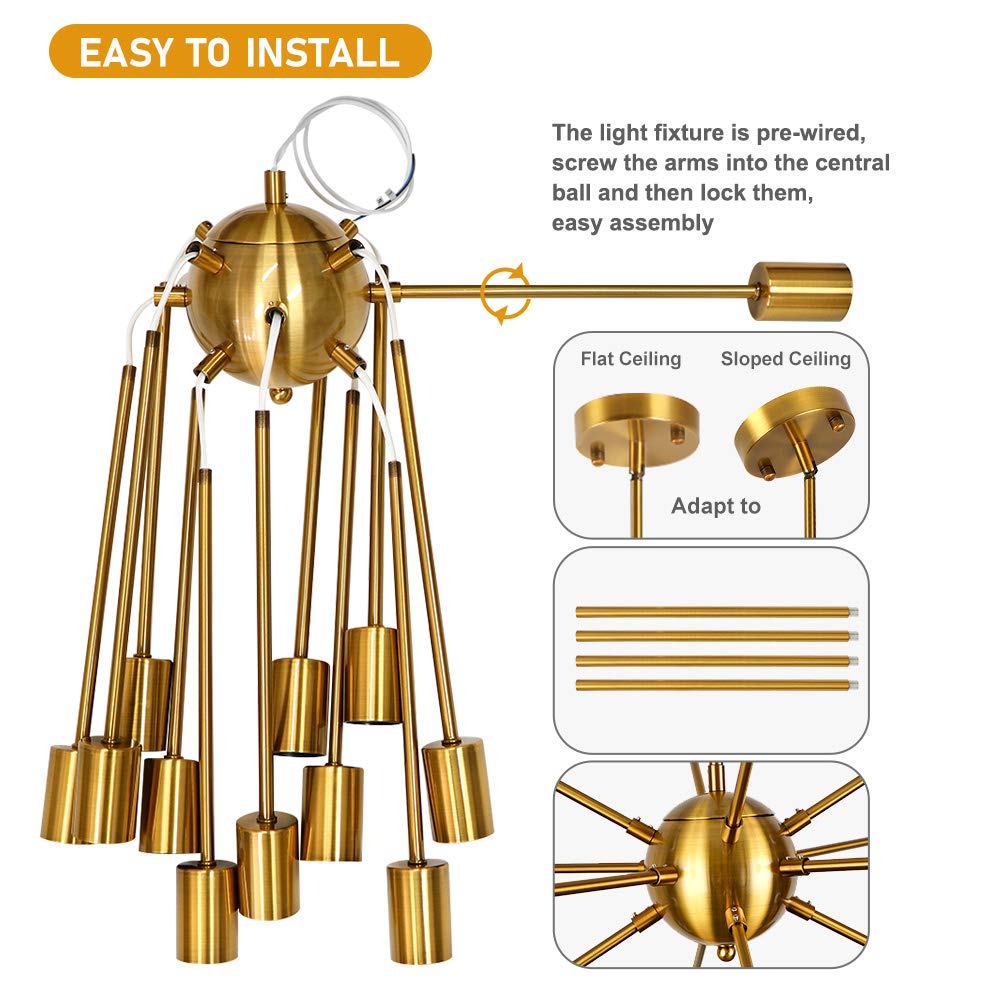 LynPon Sputnik Chandelier - 12-Light Modern Brass Gold Pendant Ceiling Light Fixture for Industrial Style Kitchen, Dining Room, Living Room & Bedroom | Perfect for Farmhouse, Loft & Mid-Century Modern Decor