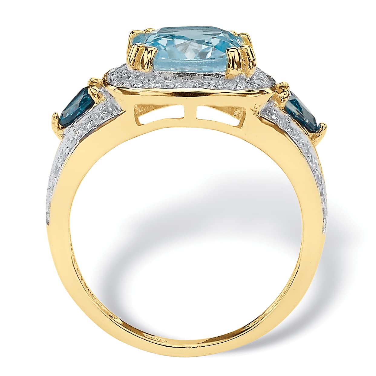 PalmBeach Yellow Gold-Plated Sterling Silver Emerald Cut Genuine London Blue Topaz & Cubic Zirconia Halo Ring - Sizes 6-10 | Elegant Jewelry for Weddings, Anniversaries & Special Occasions