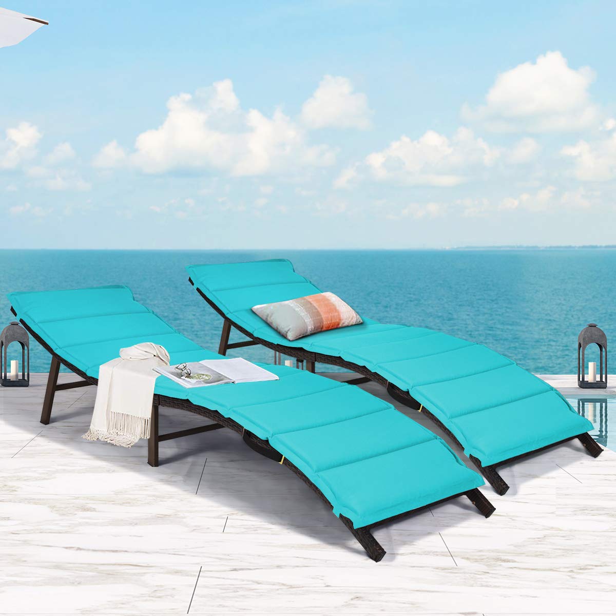 Tangkula Set of 2 Foldable Outdoor Patio Chaise Lounge Chairs with Double-Sided Cushions - Wicker Sunbeds for Poolside, Garden, Lawn, Backyard & Sunroom (Turquoise) - Perfect for Relaxing, Sunbathing and Outdoor Lounging