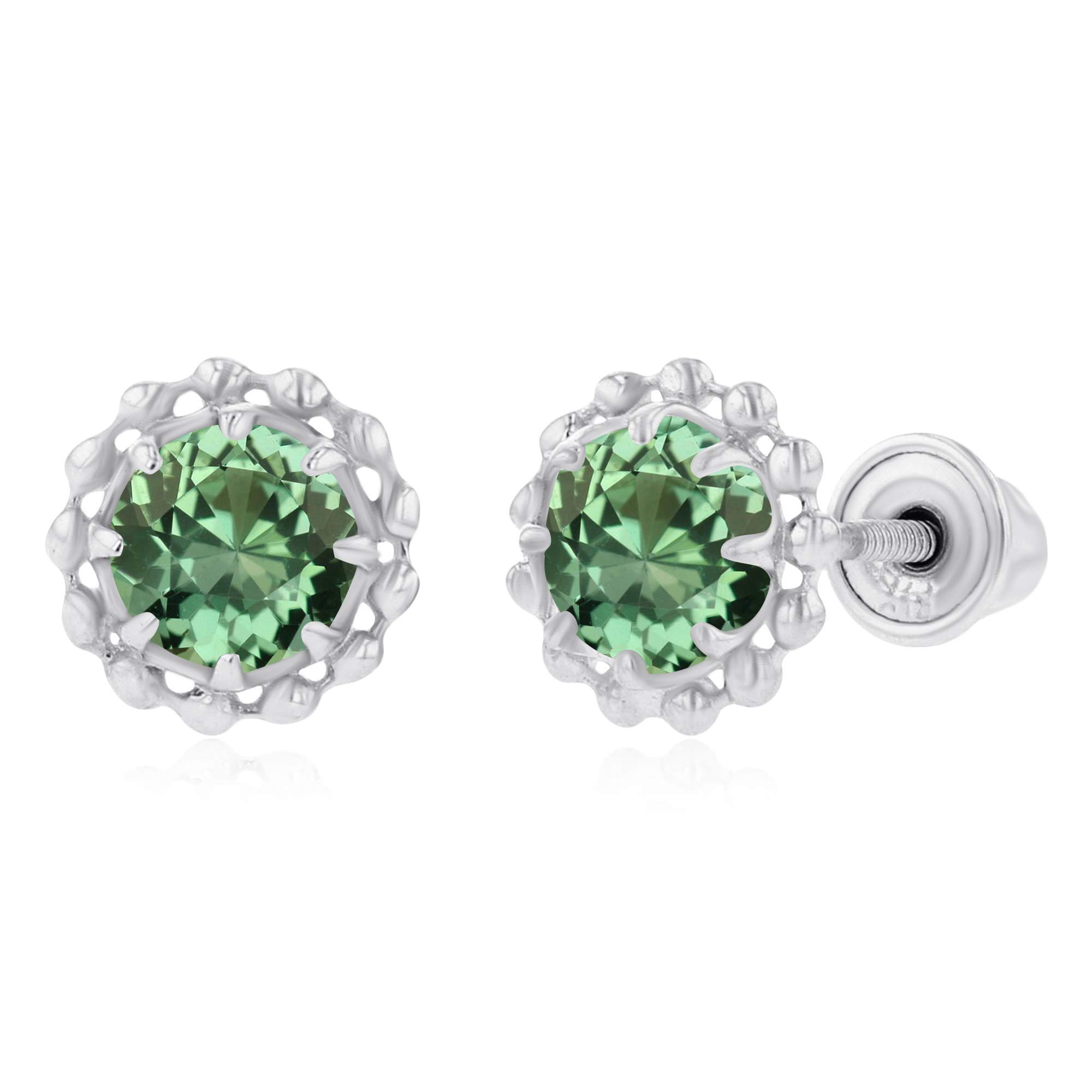 14K Solid Gold Textured Halo Birthstone Screwback Stud Earrings for Women | 6mm & 4mm Round Natural Gemstone | Elegant Jewelry Gift for Anniversary, Birthday & Everyday Wear