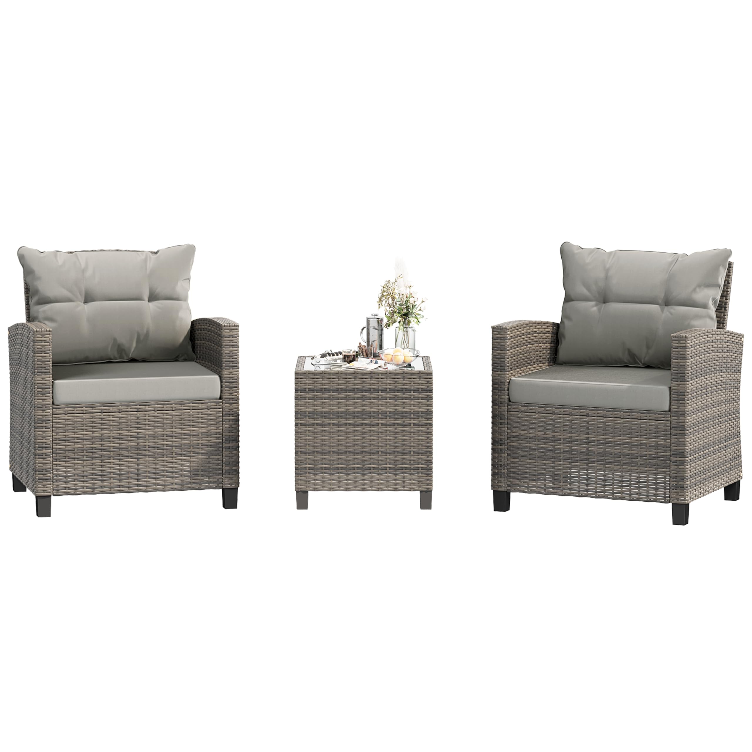 Shintenchi 3-Piece Patio Furniture Set - PE Rattan Wicker Chairs with Table, Outdoor Dining Set for Backyard, Garden, Poolside - Gray Rattan with Gray Cushion | Perfect for Outdoor Entertaining, Relaxing & Dining Al Fresco