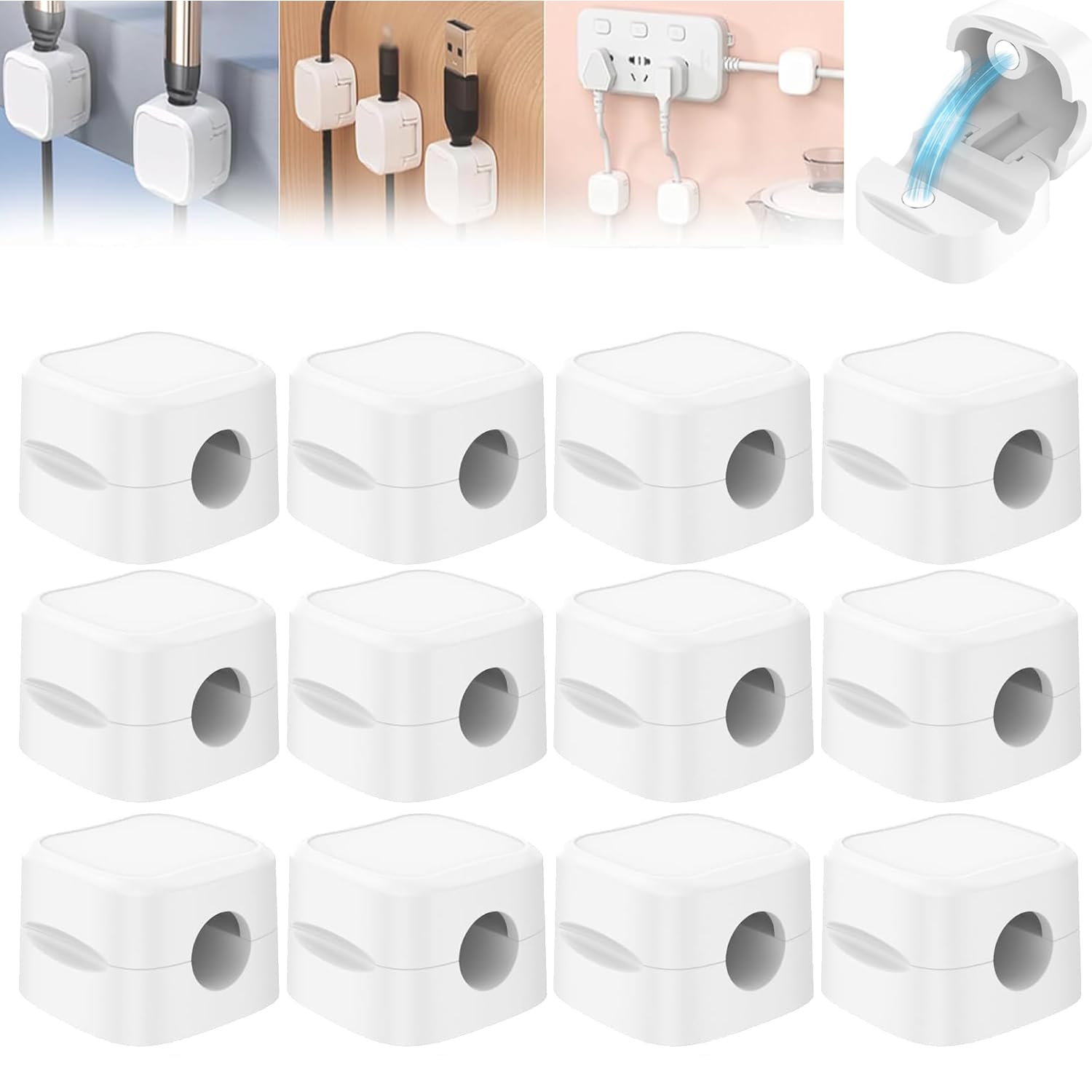 12 Pack Magnetic Cord Organizer Holder - Strong Adhesive Cable Management for iPhone Charger, Phone, Tablet Wires - Perfect for Home, Office, Car & Nightstand Organization (Black)