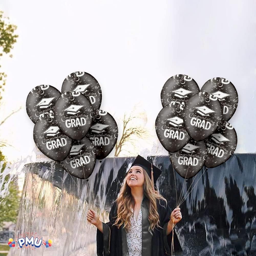 PMU Premium Black Graduation Balloons with All-Over Print White Graduation Caps, Confetti & Streamers - 25 Pack Latex Party Balloons for Graduation Decorations, Photo Backdrops & Celebration Events