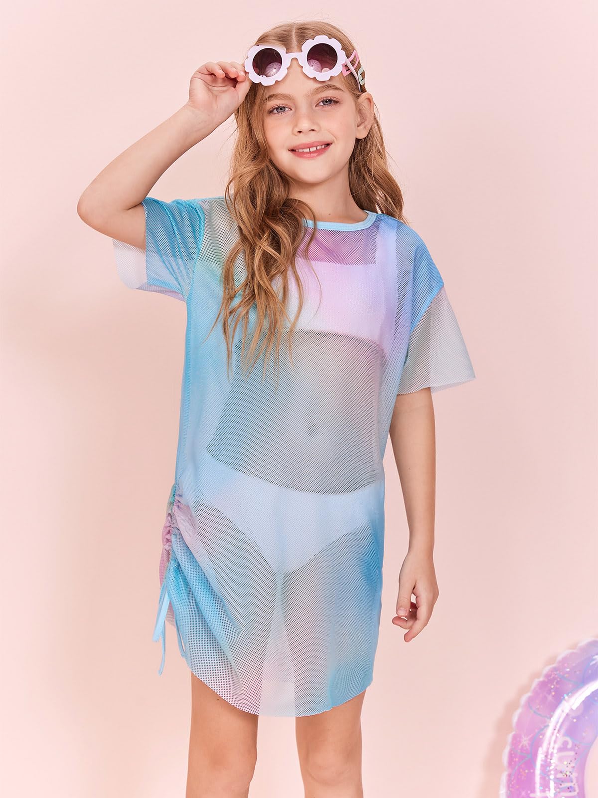 Batermoon Girls Mesh Swim Cover Up - Tie Dye Beach Dress with Drawstring for Kids 5-14 Years | Lightweight Summer Swimwear Coverup for Pool, Beach & Vacation