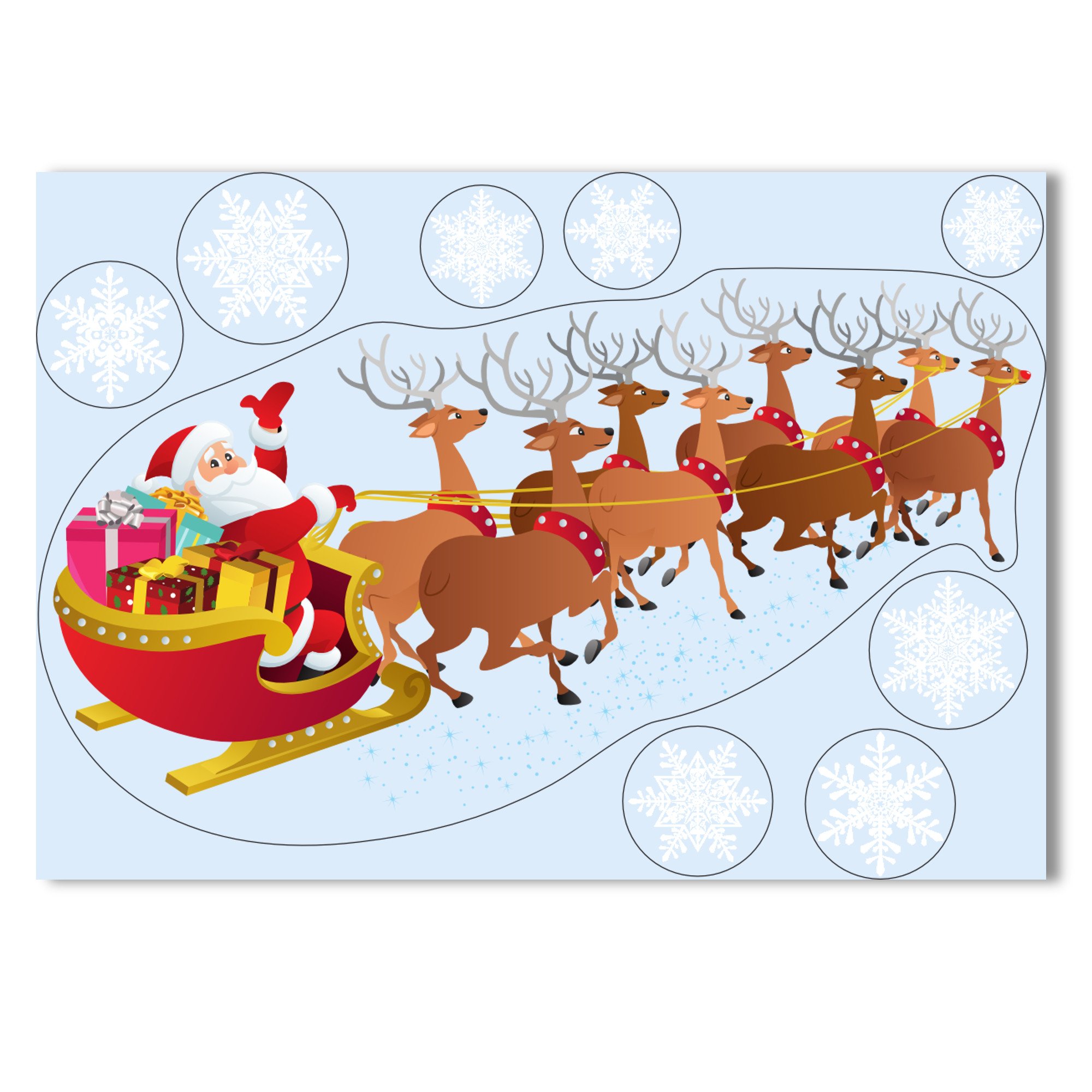 Santa on Sleigh Window Cling with 36 Snowflake Stickers - Easy Christmas Decorations - Glueless Vinyl Decals for Windows, Doors & Glass - Holiday Home Decor & Party Supplies