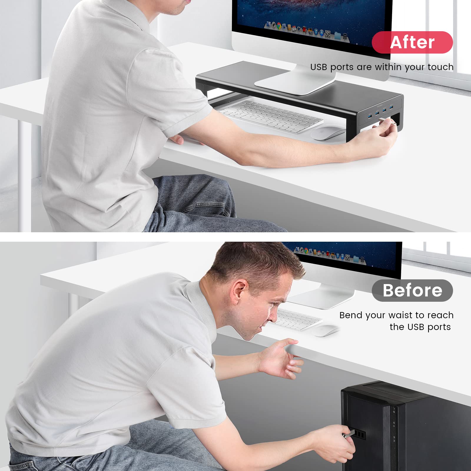 VAYDEER Aluminum Monitor Stand with USB 3.0 Hub - Ergonomic Laptop Riser with Keyboard Storage, Desk Organizer for Computer & Notebook (Fits up to 27