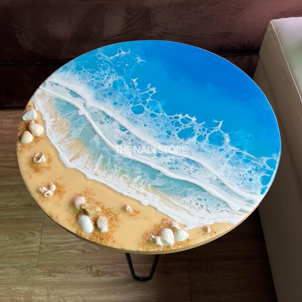 Epoxy Resin Coffee Table - 30 Inch Blue Ocean Themed End Table with Metal Legs for Beach House, Living Room, or Bedroom Nightstand - Perfect for Coastal Decor & Home Styling