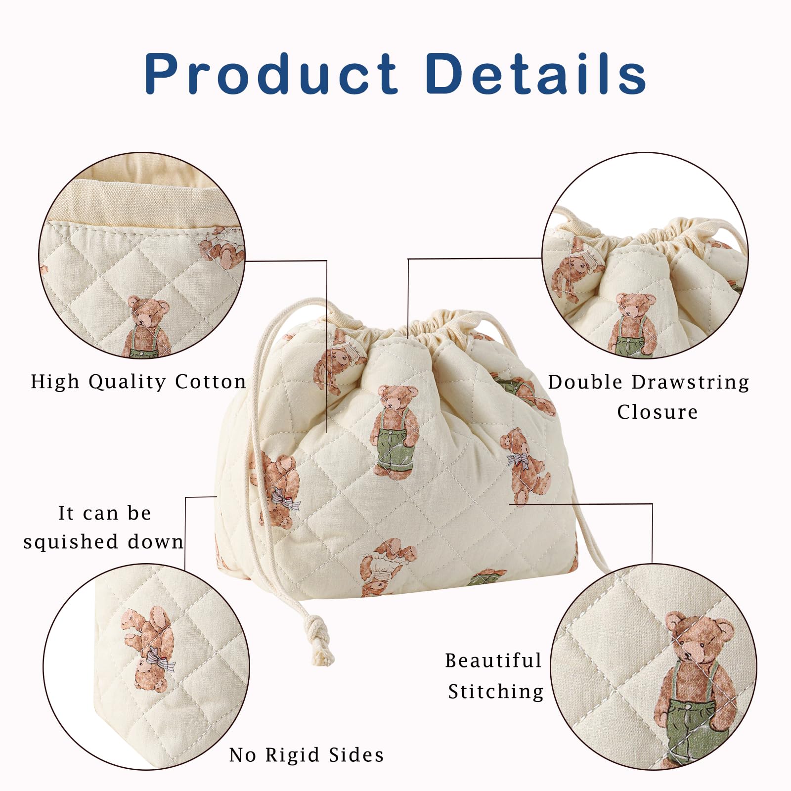 Small Cotton Quilted Drawstring Makeup Bag - Cute Coquette Cosmetic Pouch with Canvas Lining | Aesthetic Travel Toiletry Organizer for Purse (Bear Design) - Perfect for Travel, Gym & Daily Essentials Storage