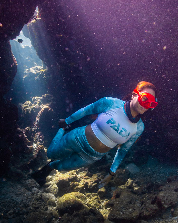 PADI Tranquil Waters Cropped Rash Guard - UPF 50+ Sun Protection Swim Shirt for Women - Perfect for Surfing, Swimming & Beach Activities
