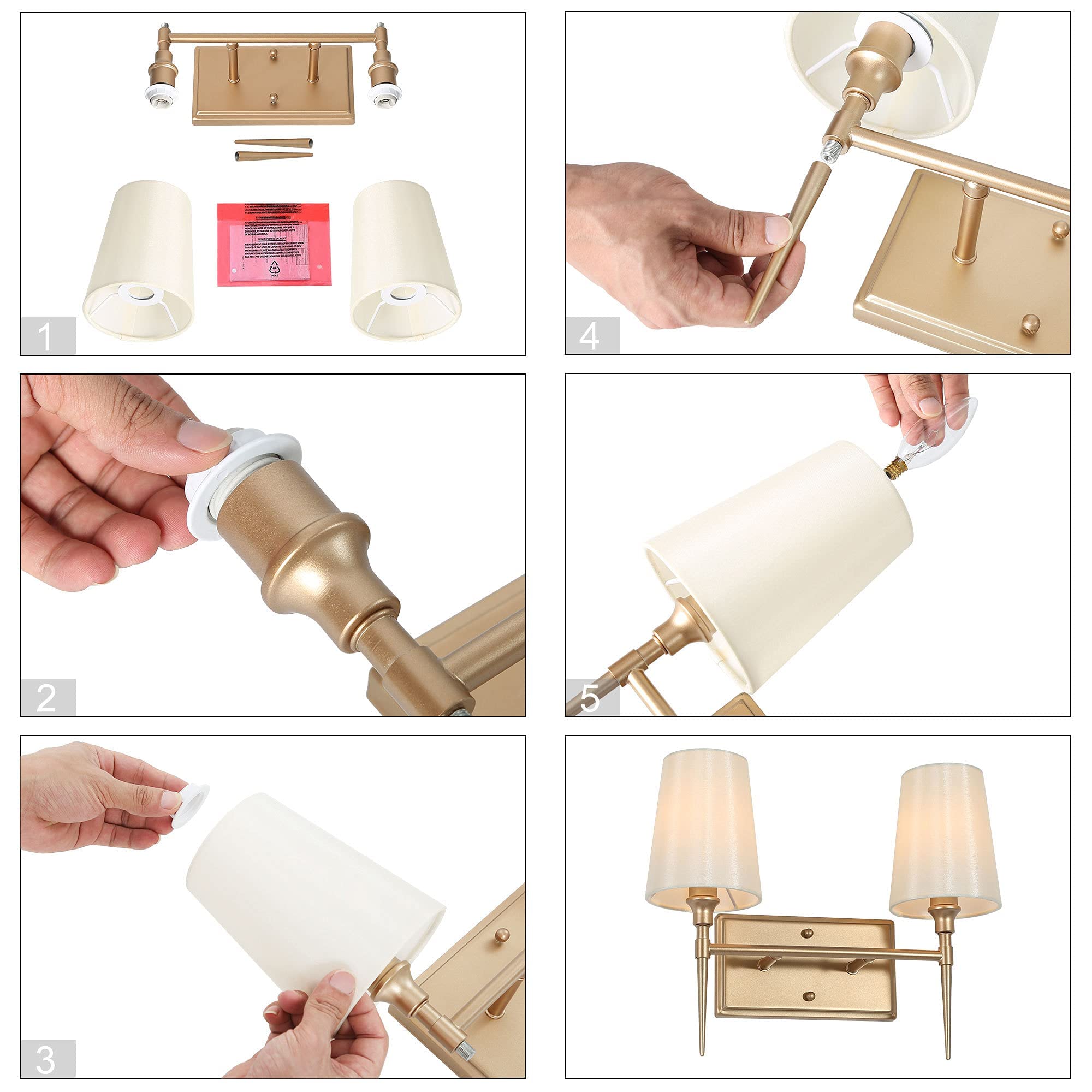 Classy Leaves 2-Light Gold Bathroom Vanity Light Fixture - Mid Century Modern Mirror Lighting with Elegant White Fabric Shade (15’’L x 6.5’’W x 12’’H) - Perfect for Bathroom, Powder Room & Dressing Area Makeup Lighting