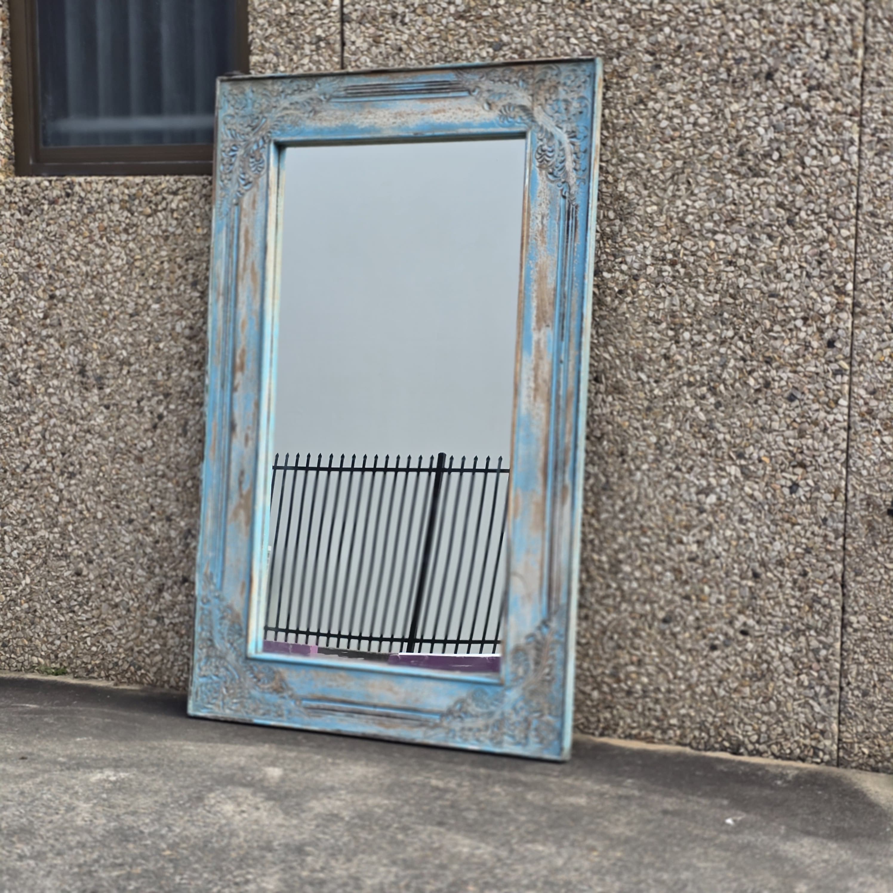 Handcrafted Floral Carved Solid Wood Indian Furniture Mirror Frame - Rustic Blue Home Decor for Living Room, Bedroom & Entryway