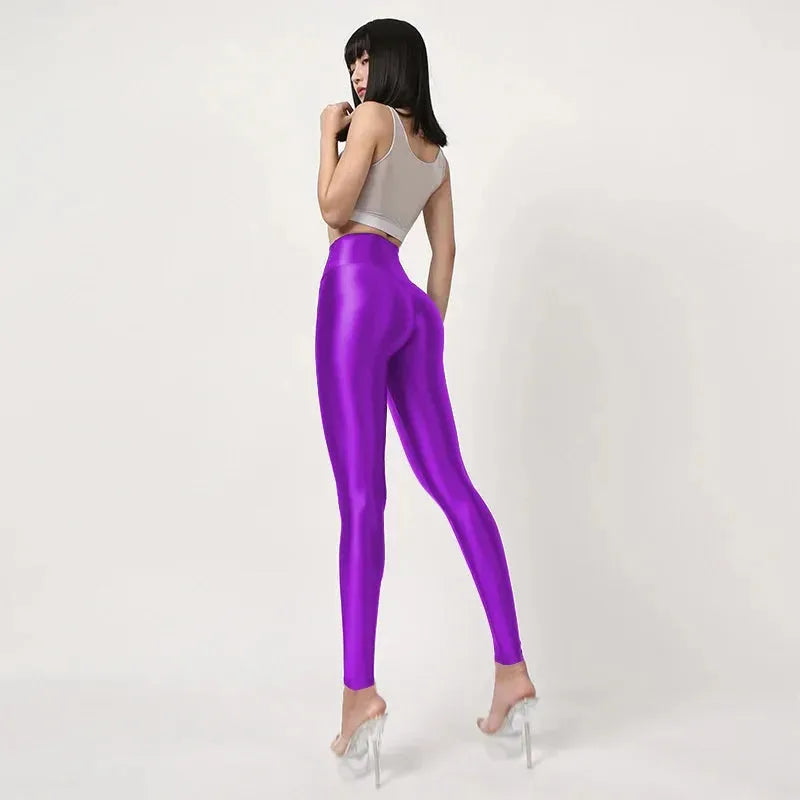 Seamless Satin Glossy High Waist Yoga Pants for Women - Sexy Tight Silk Leggings, Plus Size Workout Pants, Shiny Sports Tights for Fitness, Dance & Lounge Wear