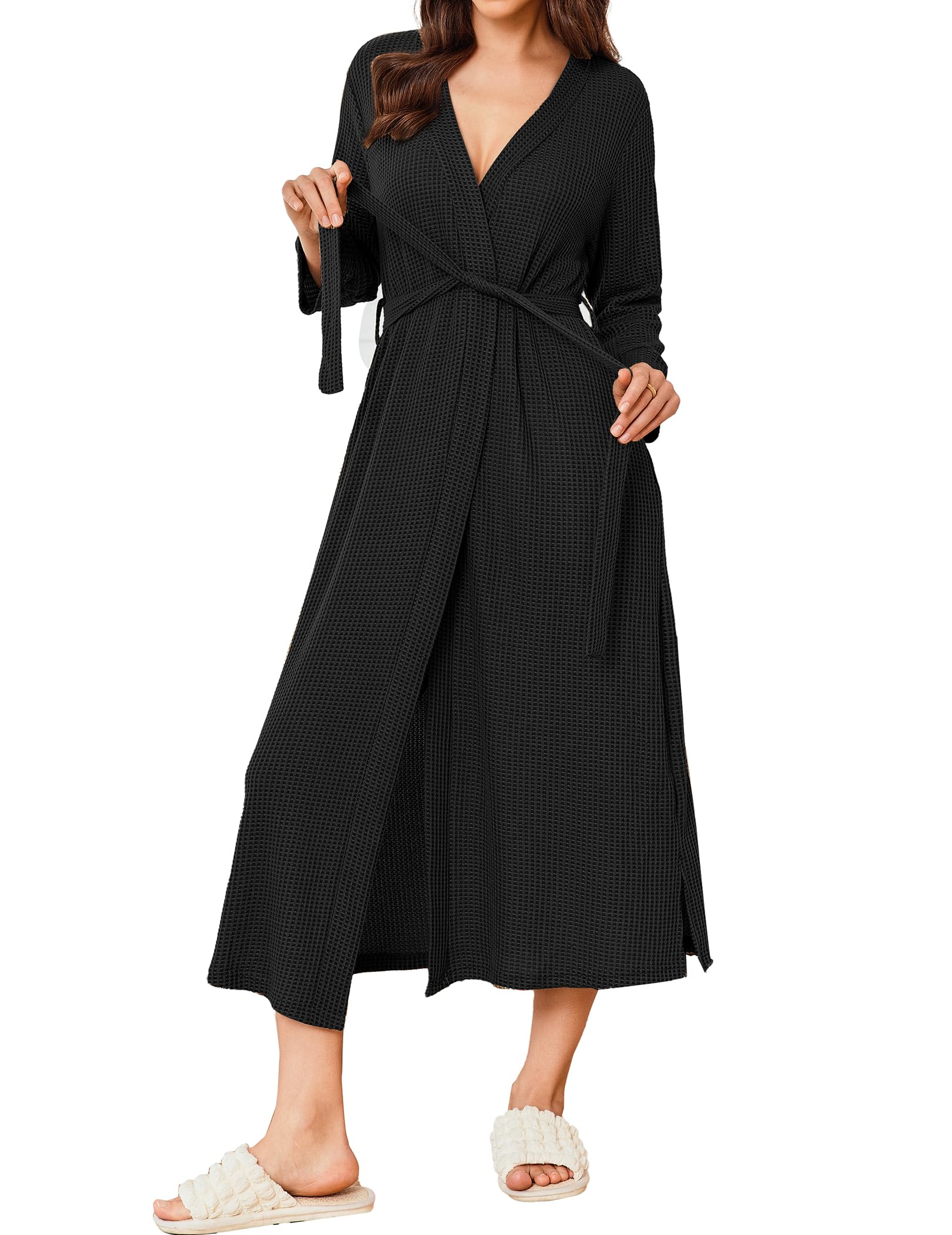 Ekouaer Women's Long Waffle Knit Bathrobe - Lightweight Soft Kimono Robe for Lounge, Spa & Home Relaxation - Sizes S-XXL