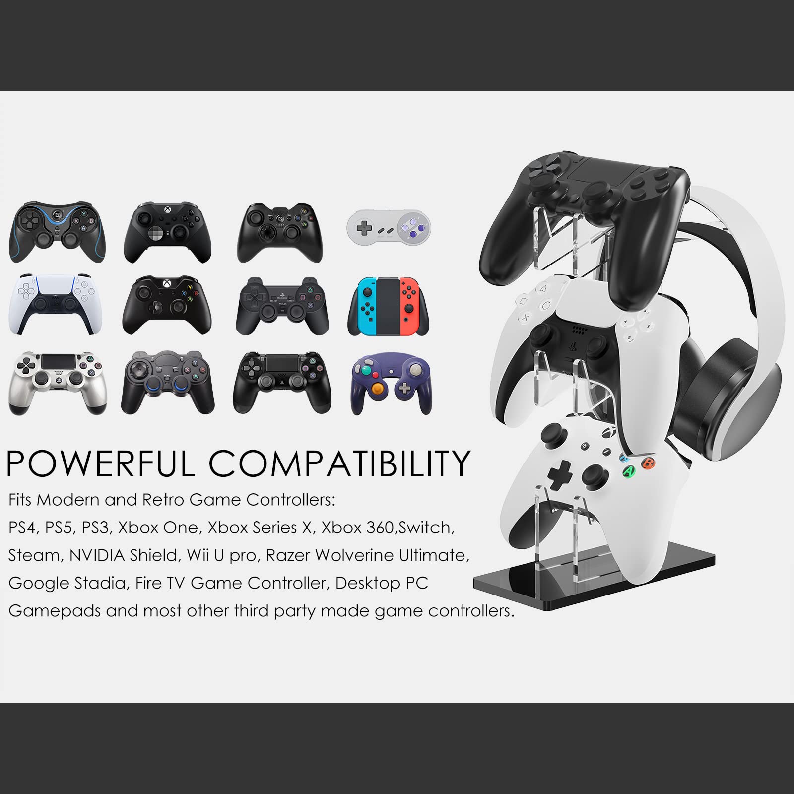 Universal 3-Tier Controller Stand & Headset Holder for PS5, PS4, Switch Pro, Xbox - Crystal Texture Gaming Accessories Organizer (White) - Perfect for Gaming Setup & Desk Organization