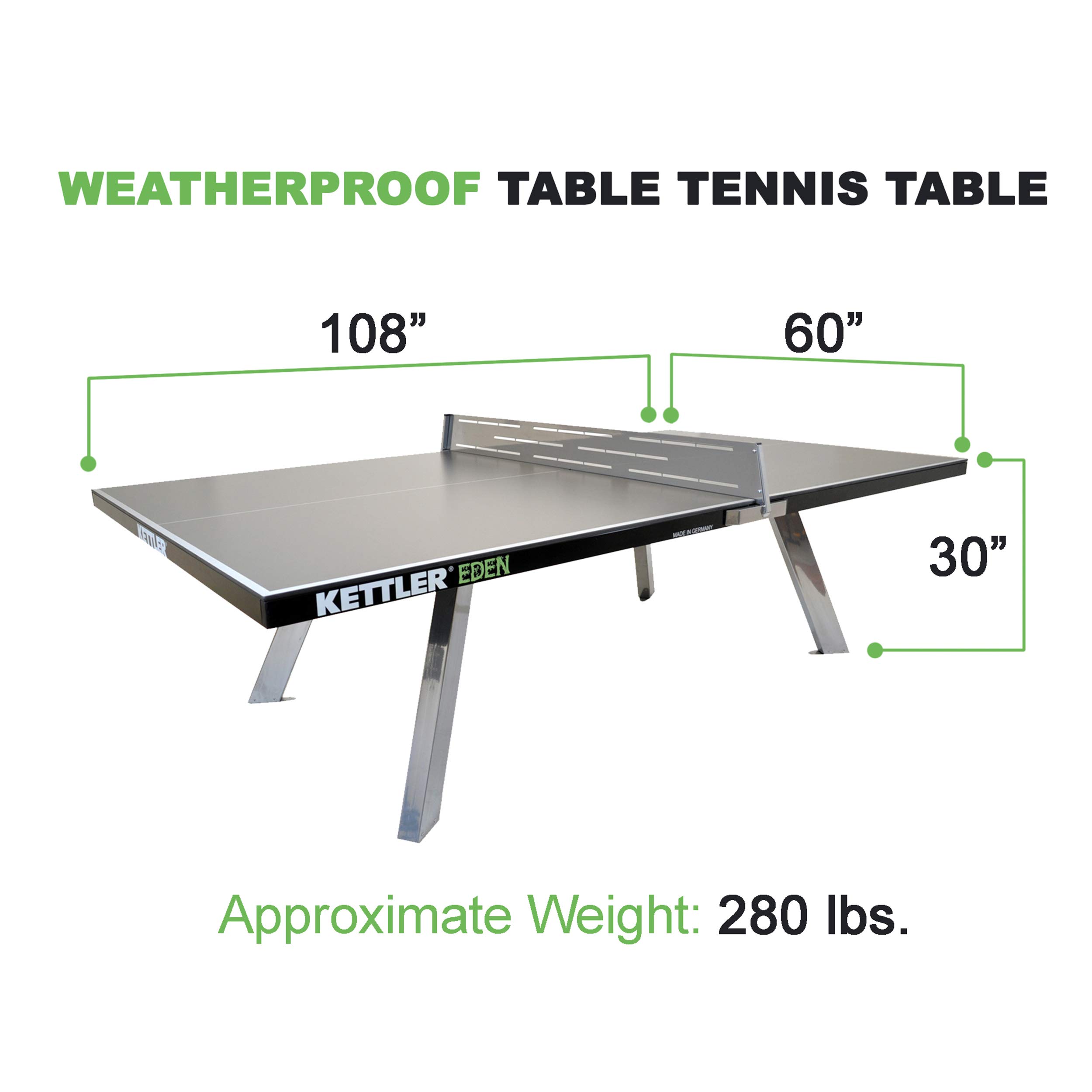 KETTLER Eden Weatherproof Outdoor Ping Pong Table - Galvanized Steel Legs & Permanent Net System - Perfect for Backyard, Patio, and Garage Games