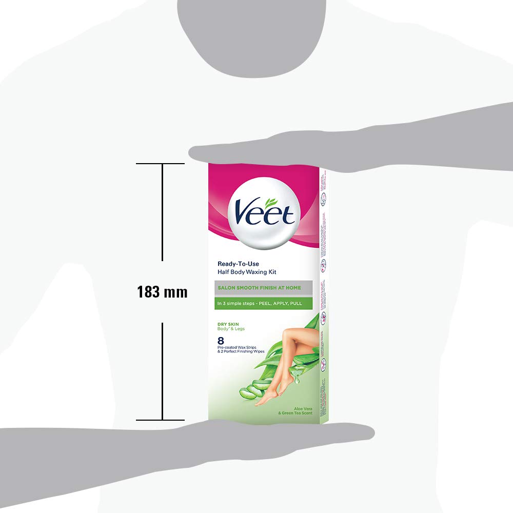 Veet Full Body Waxing Kit for Dry Skin - 8 Wax Strips with Soothing Aloe Vera - At-Home Hair Removal for Legs, Arms & Bikini Area - Gentle Formula for Sensitive Skin - Perfect for Pre-Vacation Smoothing & Quick Touch-Ups