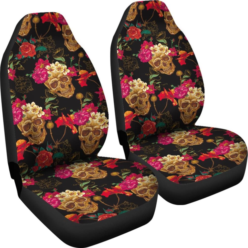 2 Pcs Floral Sugar Skull Day of The Dead Car Seat Covers - Mexican Style Decor for Halloween, Dia de Los Muertos Celebration & Car Interior Protection (Use for Cars, Trucks, SUVs)
