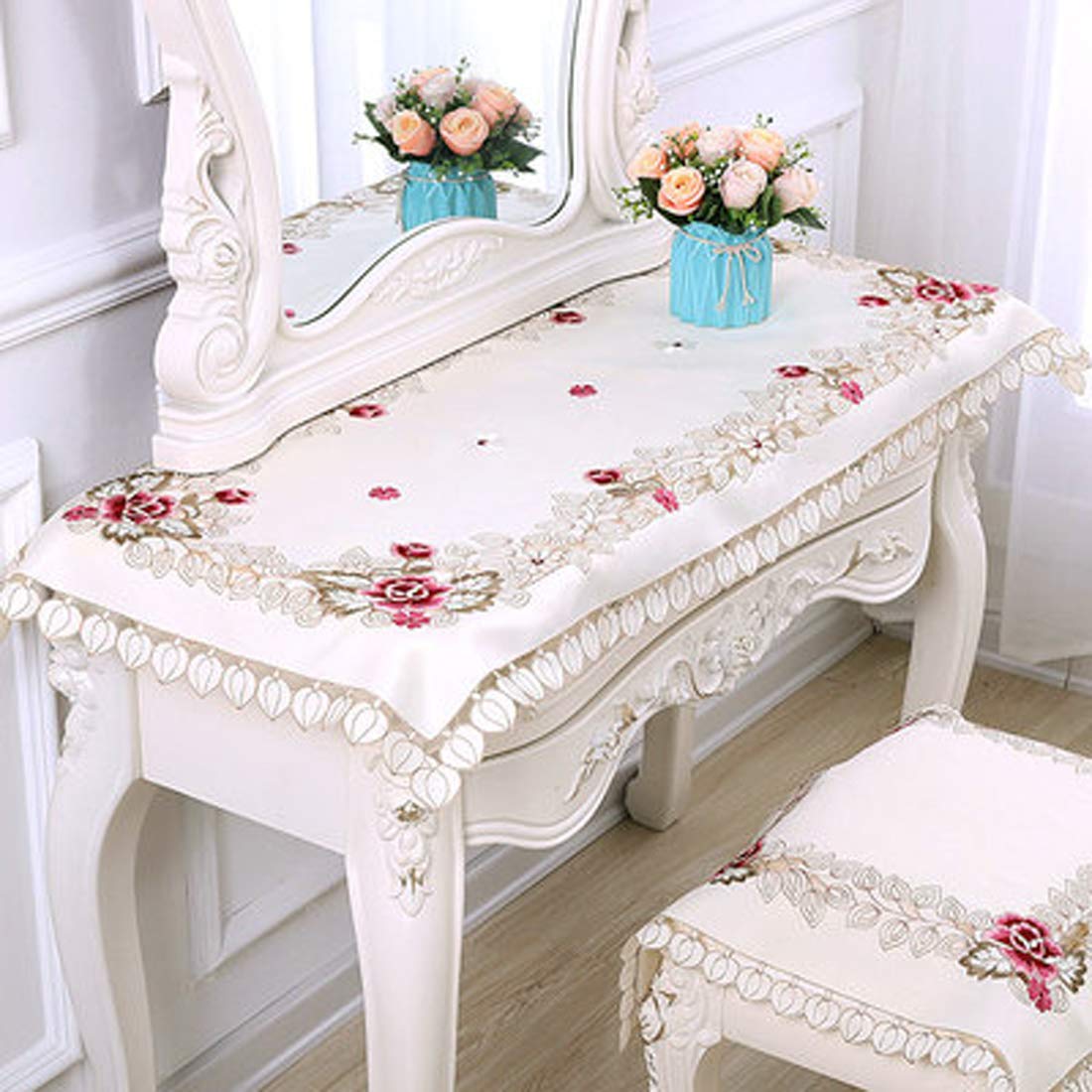 LeLehome 57 Inch Square Floral Embroidered Tablecloth - Classic Beige Lace with White Roses & Leaves Design, Elegant Dining Table Cover for Wedding, Party, Festival, Home & Kitchen Decor | Perfect for Holiday Gatherings, Anniversary Dinners & Special Occasions