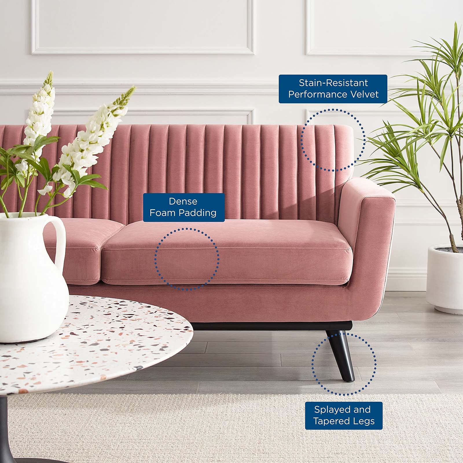 Modway Engage Channel Tufted Performance Velvet Loveseat Sofa - Dusty Rose Pink | Small Space Living Room Furniture | Perfect for Apartments, Dorms & Cozy Spaces