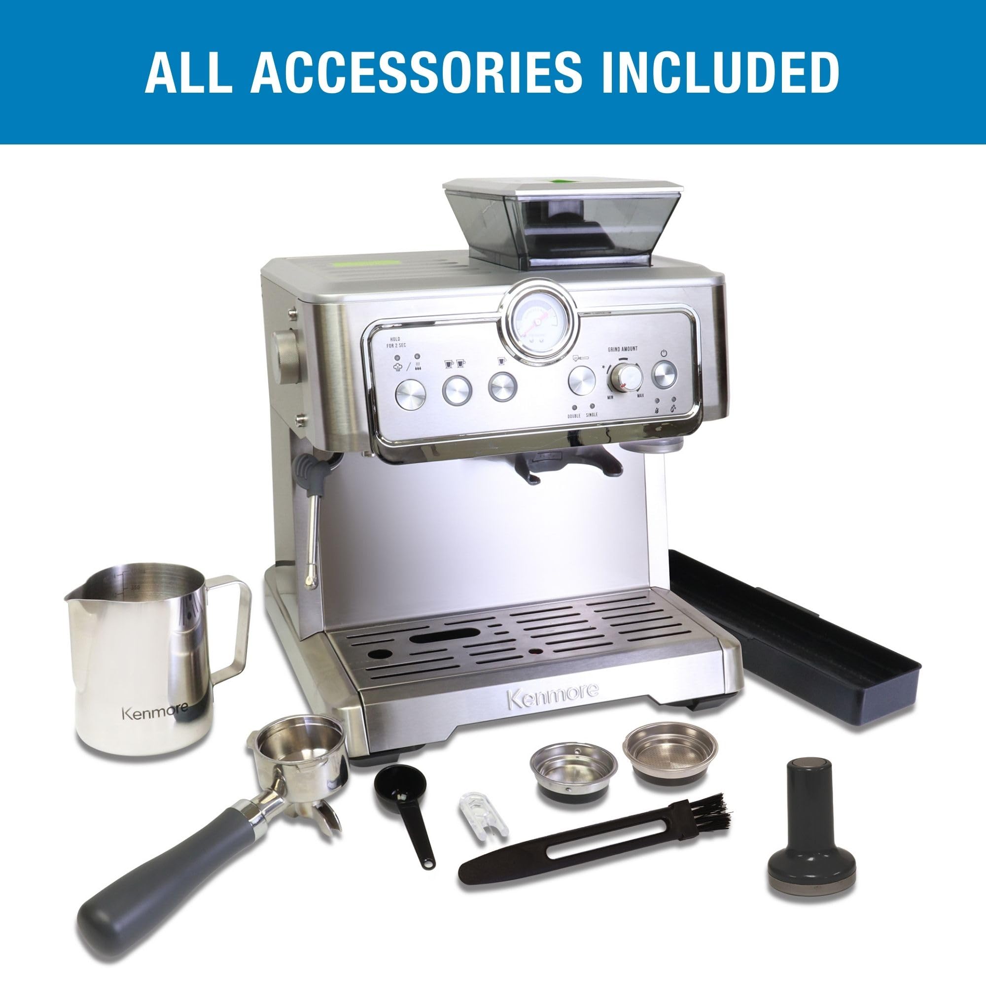 Kenmore Semi-Automatic Espresso Machine with Built-in Grinder & Milk Frother - Stainless Steel Coffee Maker for Cappuccino, Latte - Perfect for Home Baristas & Coffee Shops