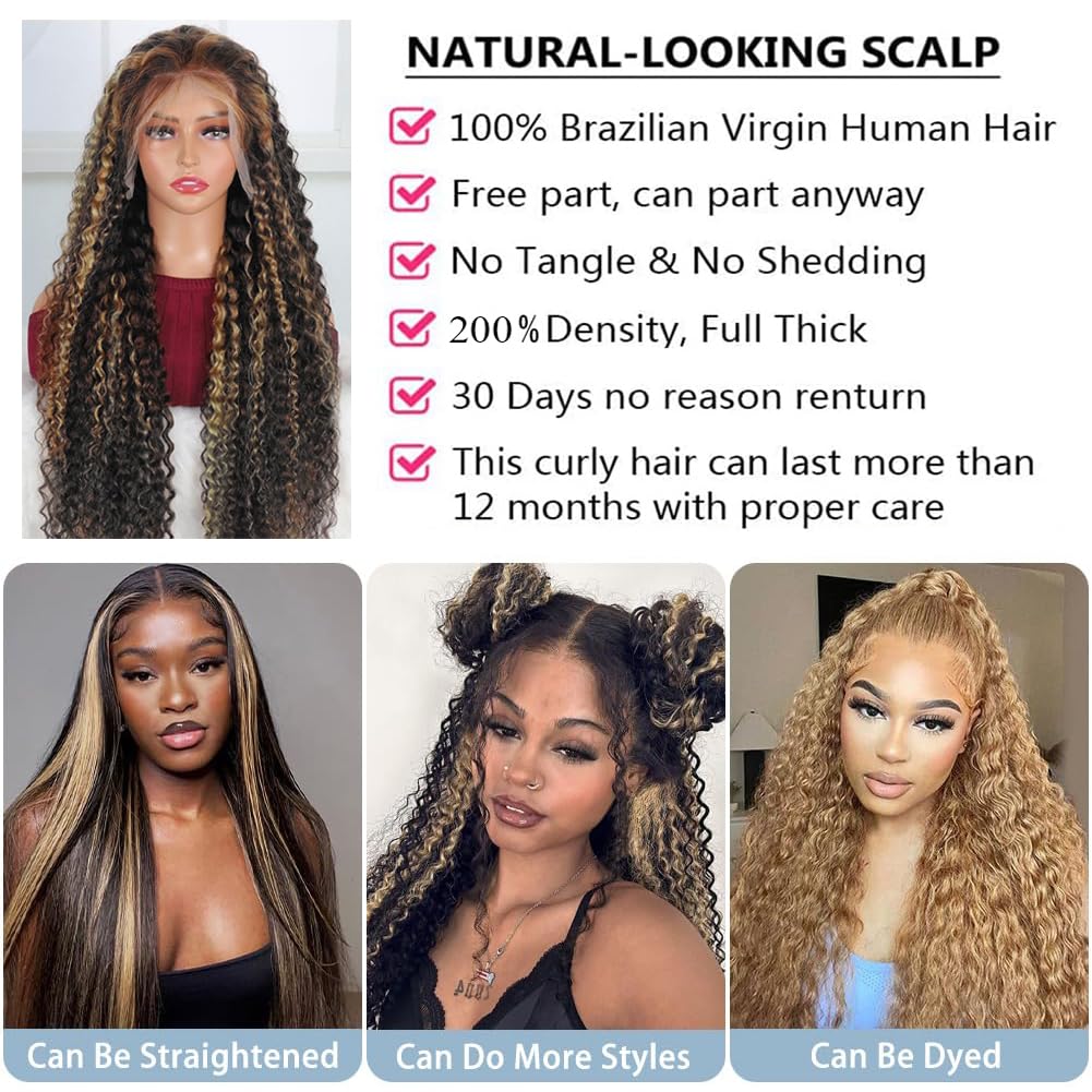 1B/27 Deep Wave Lace Front Wigs Human Hair 200 Density 13x6 HD Lace Frontal Wigs - Ombre Highlight Glueless Human Hair Wigs for Black Women (28 Inch, Black with Blonde Curly) - Perfect for Daily Wear, Parties, Weddings & Special Occasions