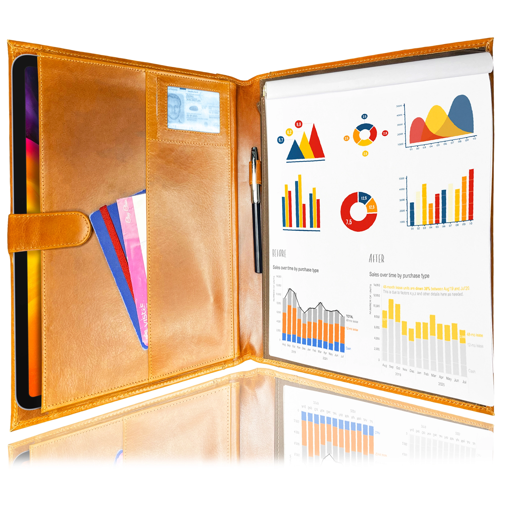 Handmade Genuine Leather Padfolio - Professional Business Portfolio Organizer in Cognac Brown - Perfect for Meetings, Presentations & Office Use