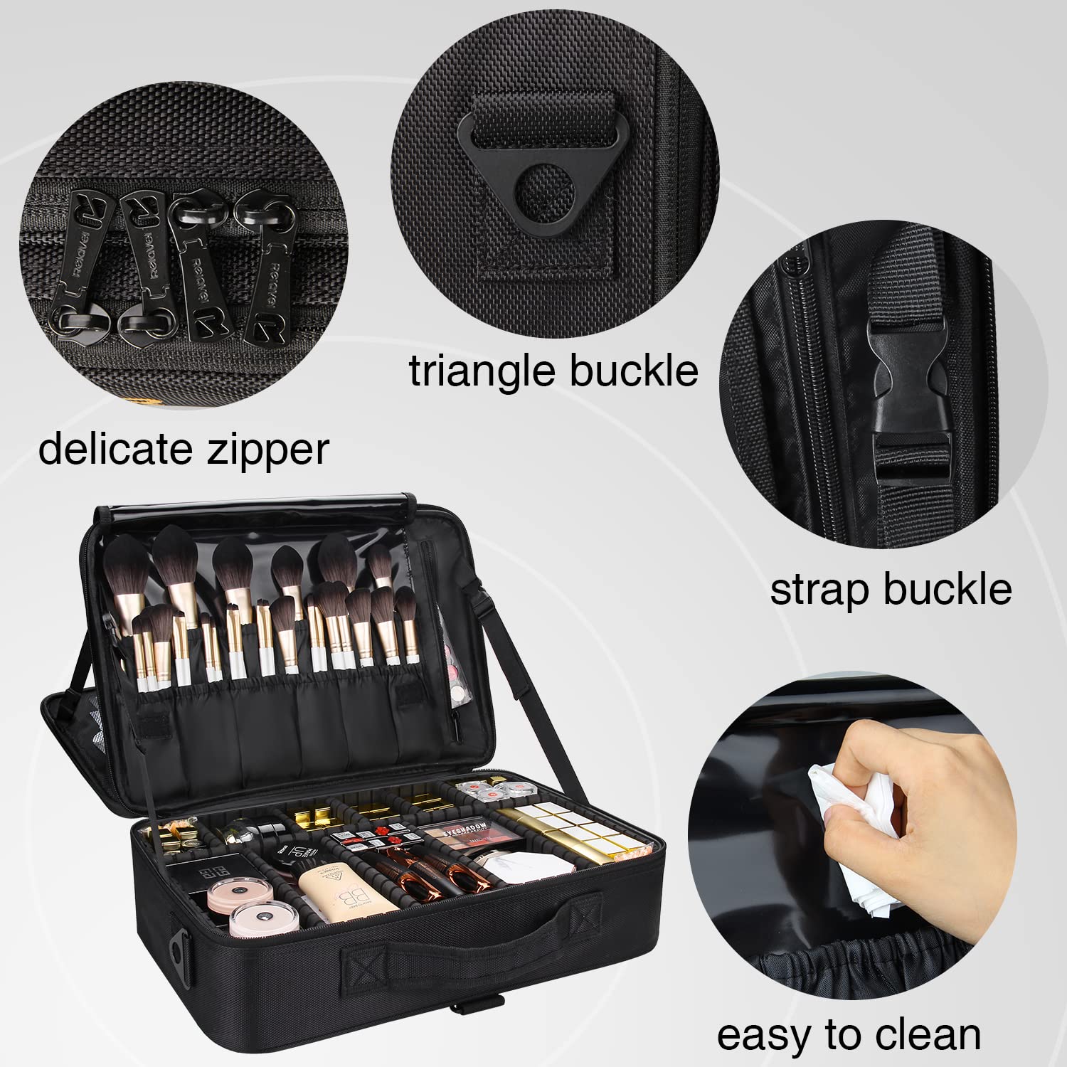 MONSTINA 16.5'' Large Capacity 3-Layer Makeup Train Case - Professional Cosmetic Organizer & Brush Holder for Makeup Artists, Barbers & Travel | Perfect for Hair Tools (Curler, Straightener), Brushes & Cosmetics Storage | Ideal for Salon, Home Use & On-the-Go Beauty Professionals