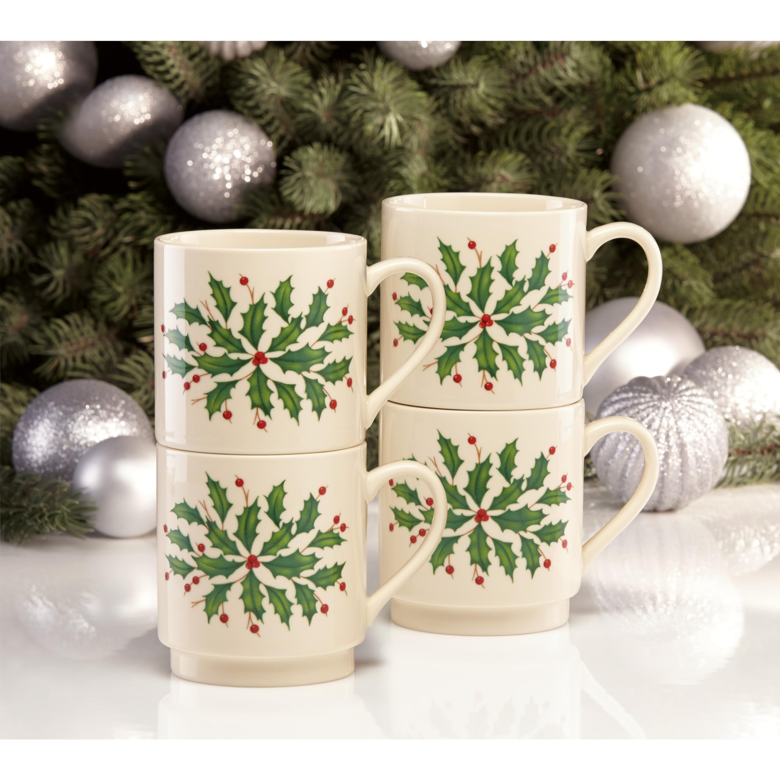Lenox 853763 Holiday 4-Piece Stackable Mug Set - Christmas Coffee Cups for Hot Cocoa & Tea - Festive Dinnerware for Holiday Hosting & Gift Giving - Perfect for Christmas Parties, Family Gatherings & Cozy Winter Mornings