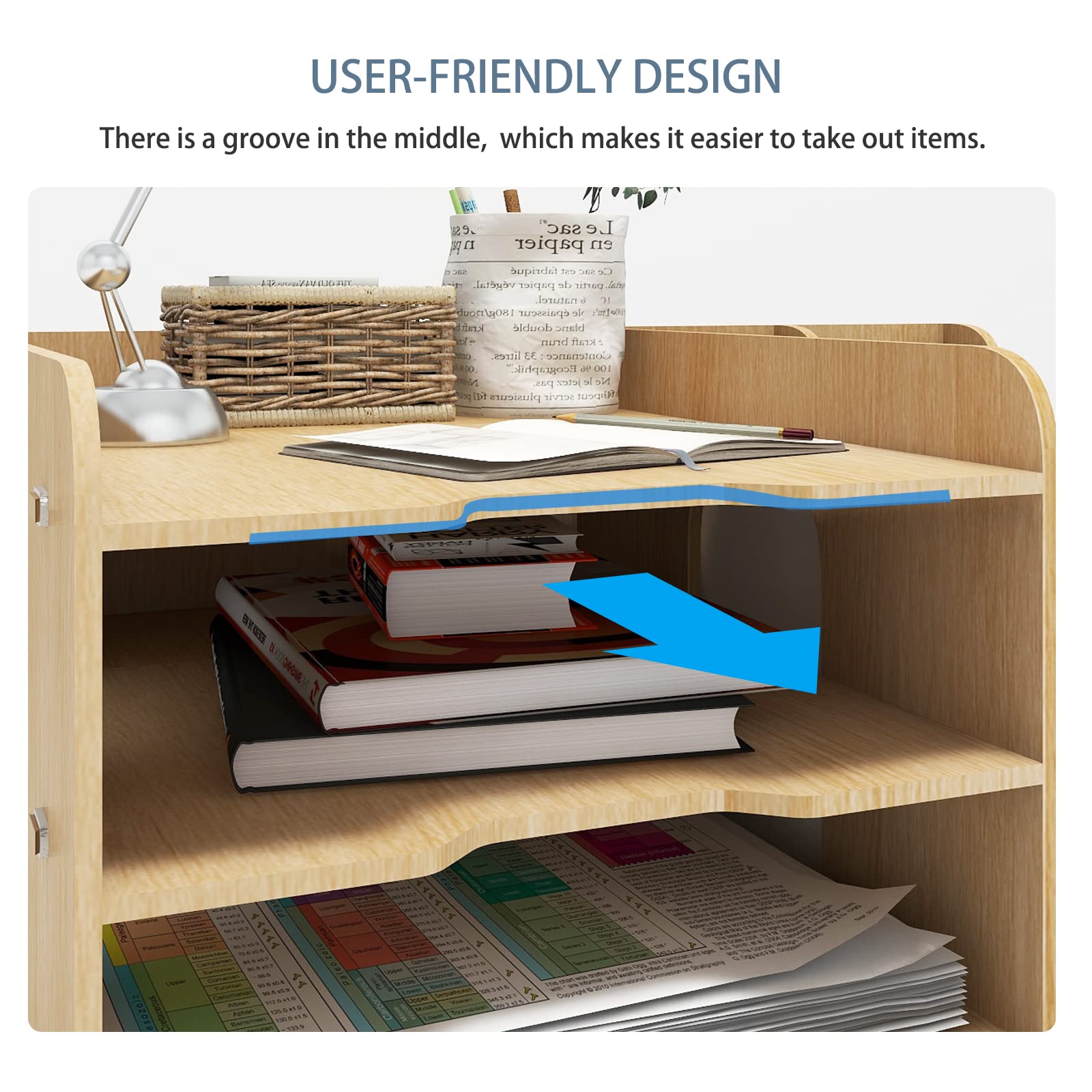 PUNCIA 4-Tier Wooden Desktop Organizer - A4 Paper File Rack with Vertical & Horizontal Holders, Office Supplies Storage Box, Mail Sorter for Desk, Tabletop Binder & Letter Trays - Perfect for Home & Office Organization