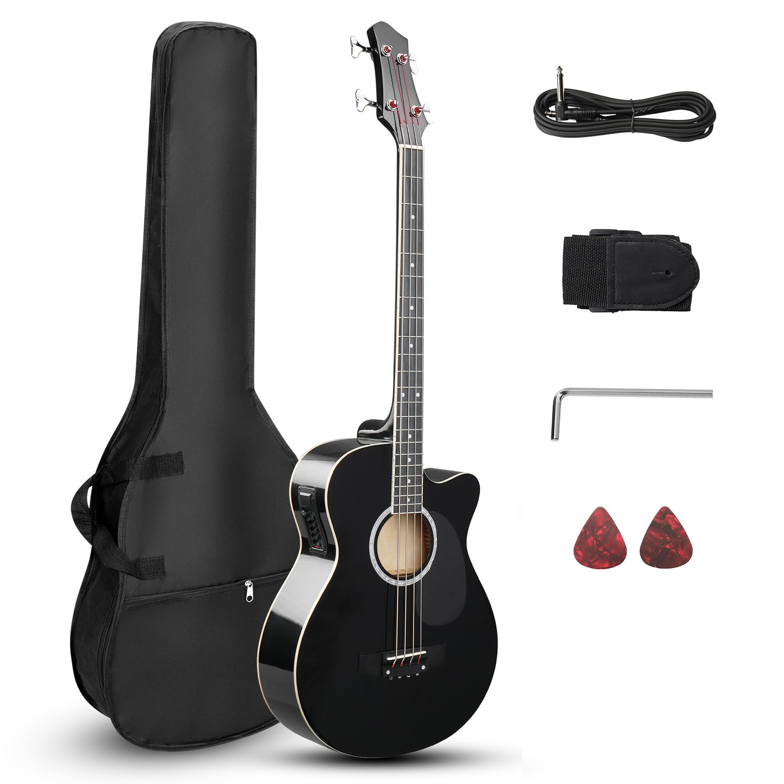 Ktaxon 4-String Acoustic Bass Guitar Full Size Kit with Gig Bag, Premium Cable, Wrench, Strap & Picks (Black) - Perfect for Beginners, Live Performances & Studio Recording