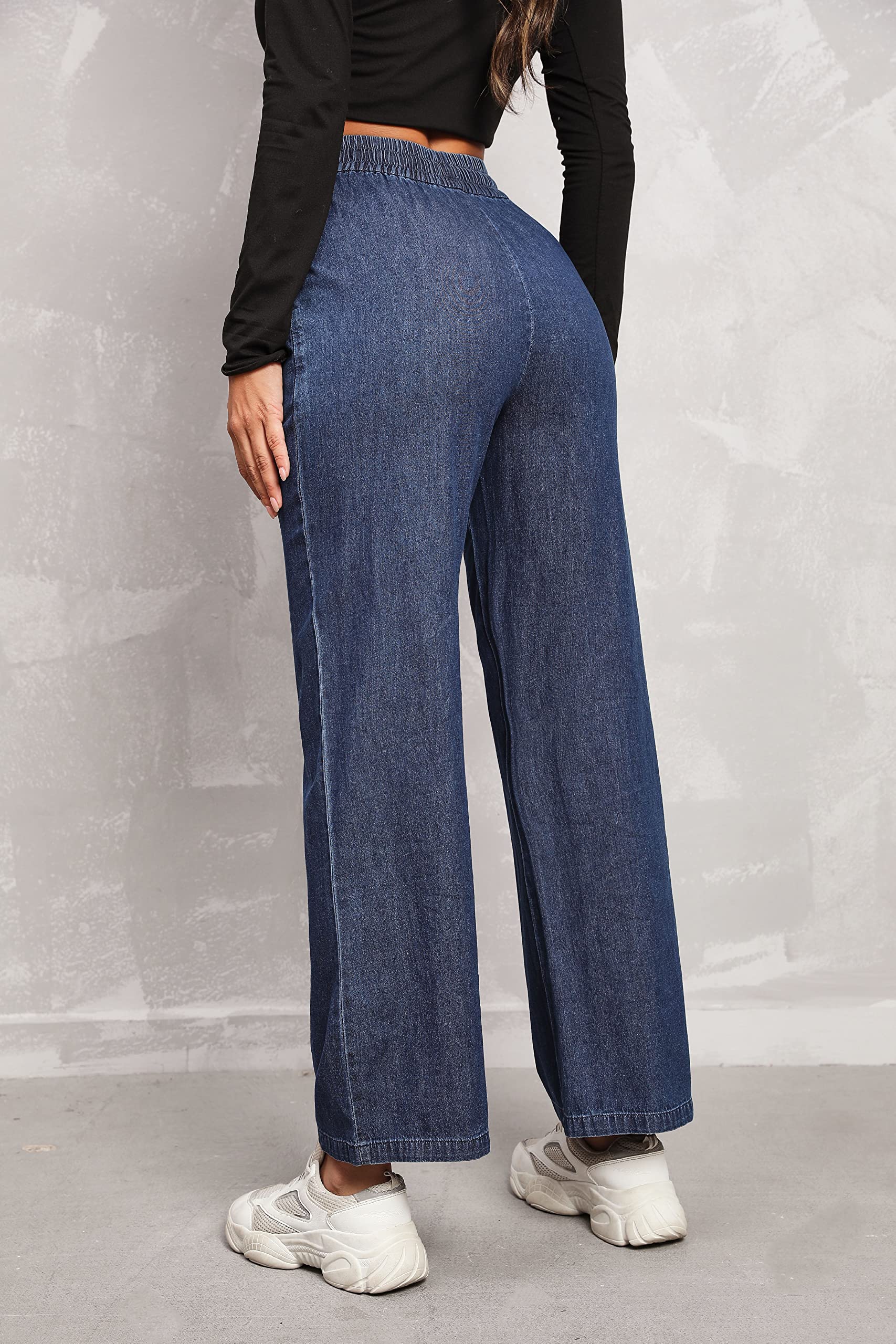 Love Welove Women's Fashion Wide Leg Jeans - Elastic High Waist Pull On Stretch Denim Pants with Drawstring, Plus Size 3XL | Casual Chic Outfit for Streetwear & Everyday Comfort