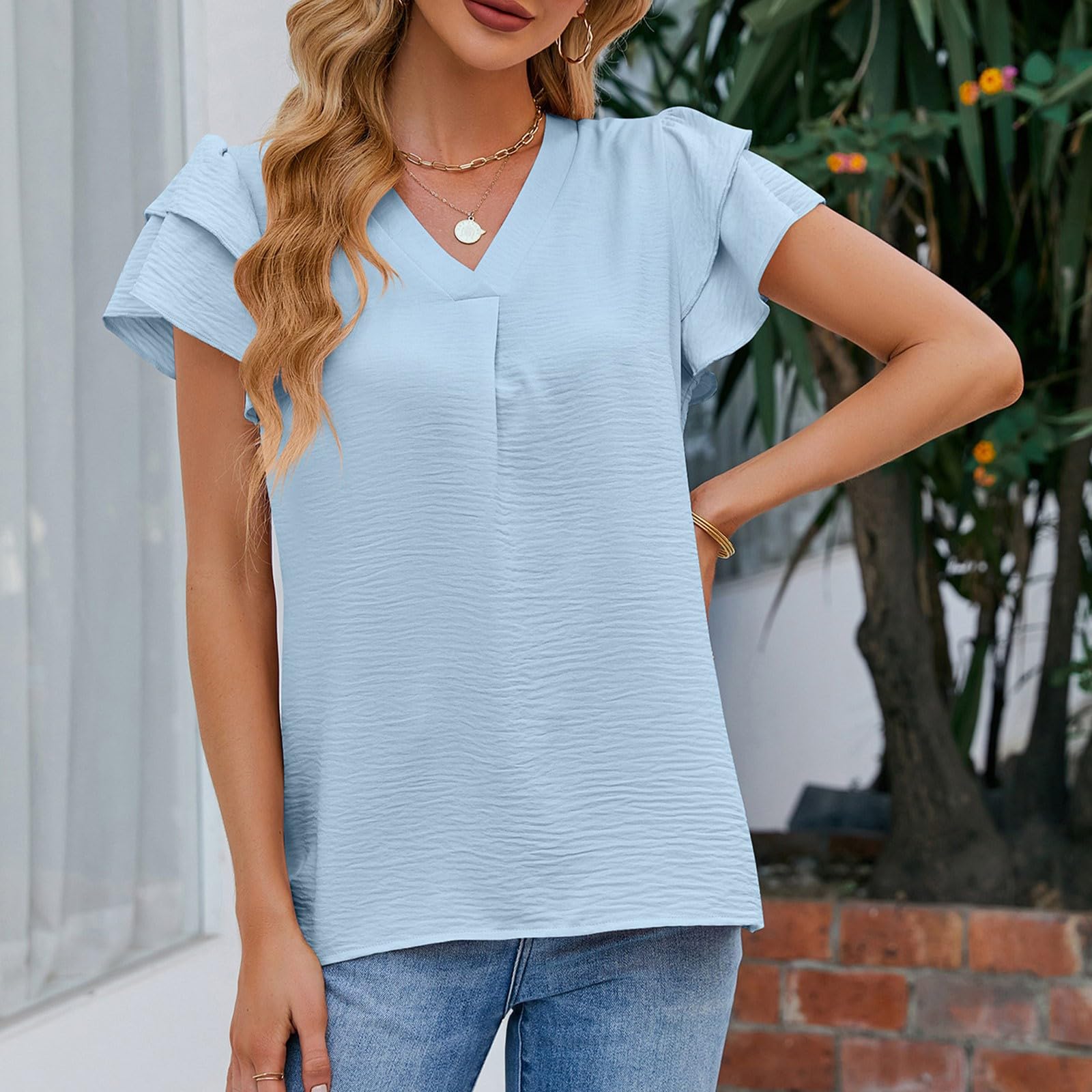 Women's Chiffon Ruffle Sleeve V-Neck T-Shirt - Summer Casual & Work Blouse with Dressy Short Sleeves - Perfect for Office, Date Night, and Weekend Outings