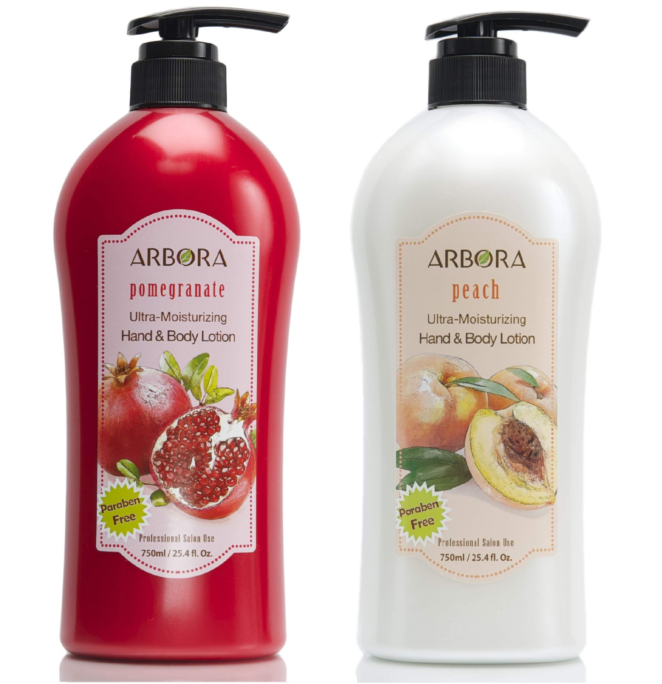 ARBORA Combo Pack of 2 Ultra-Moisturizing Hand & Body Lotions - Peach & Pomegranate Scent, 25.4OZ/750ML Jumbo Size, Paraben-Free Natural Formula, K-Beauty Professional Massage Lotion from Korea | Perfect for Dry Skin Care, Spa Days & Gift Sets