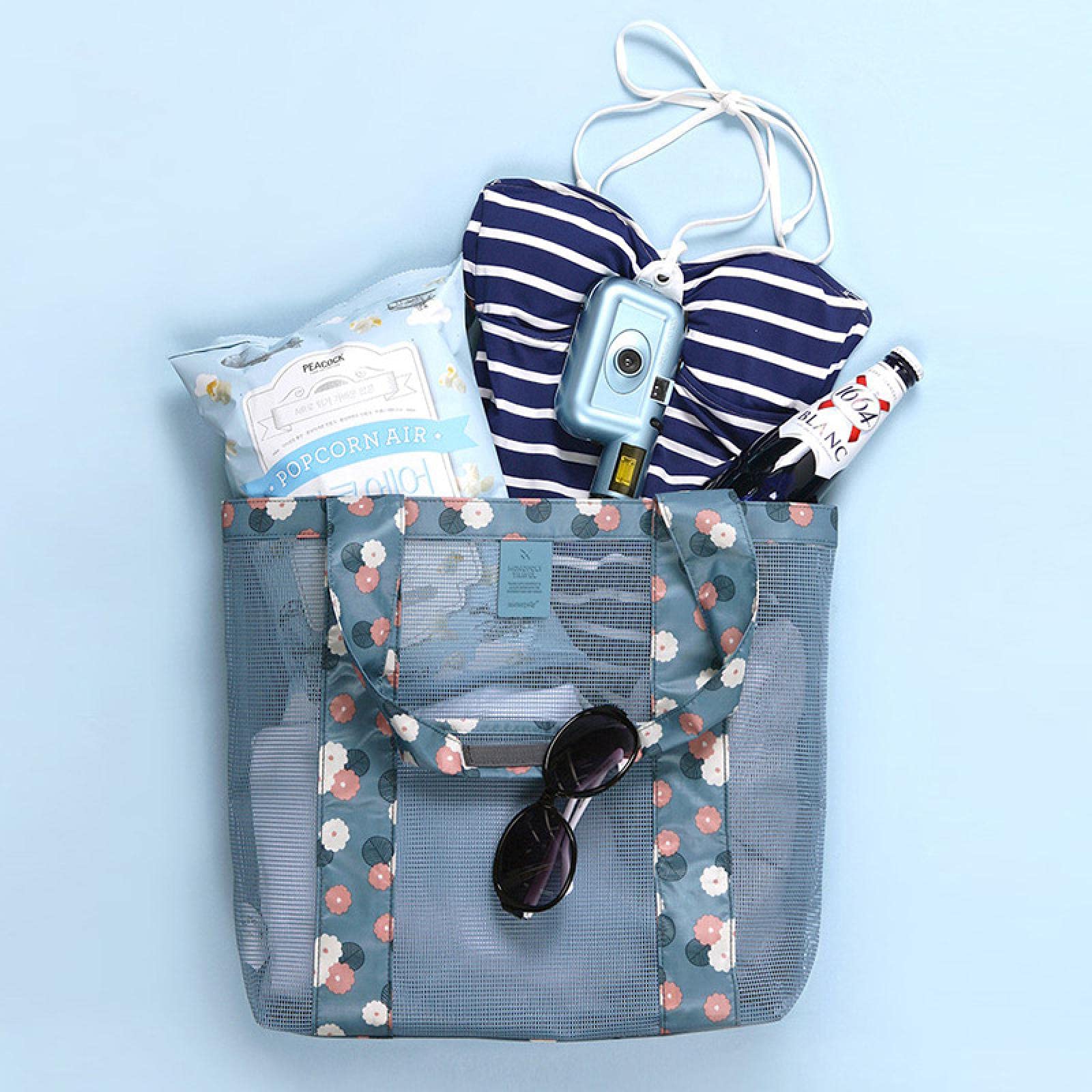 EWTY Mesh Beach Bag Floral Lightweight - Large Tote for Travel, Pool, Gym, Shopping & Groceries - Breathable Blue Flowers Design - Perfect for Family Outings, Sports & Beach Vacations
