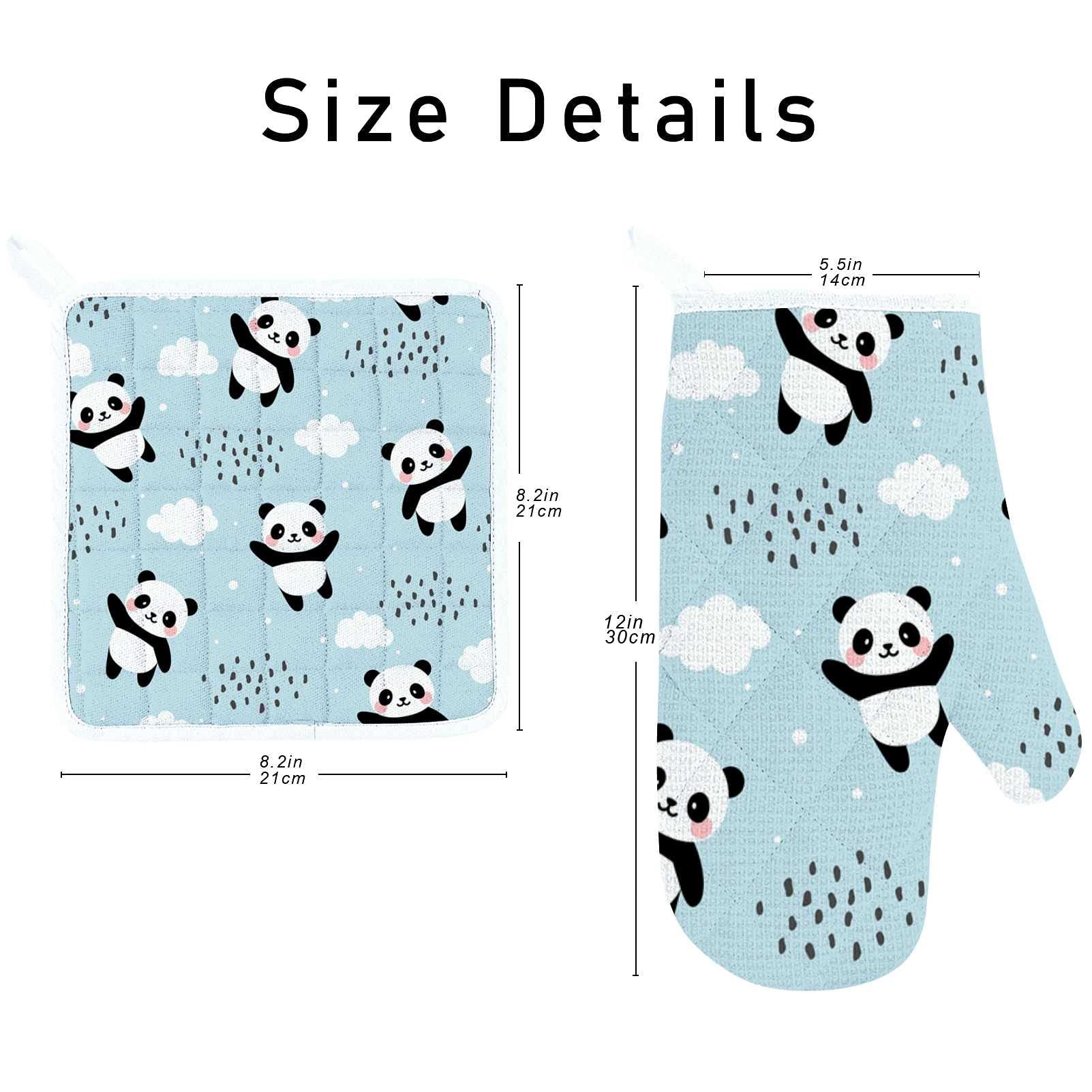 Cute Panda Blue Adjustable Kitchen Apron Set with Pockets, Oven Mitt & Pot Holder - 3 Piece Cooking Accessories for Baking, Grilling & Microwave Use