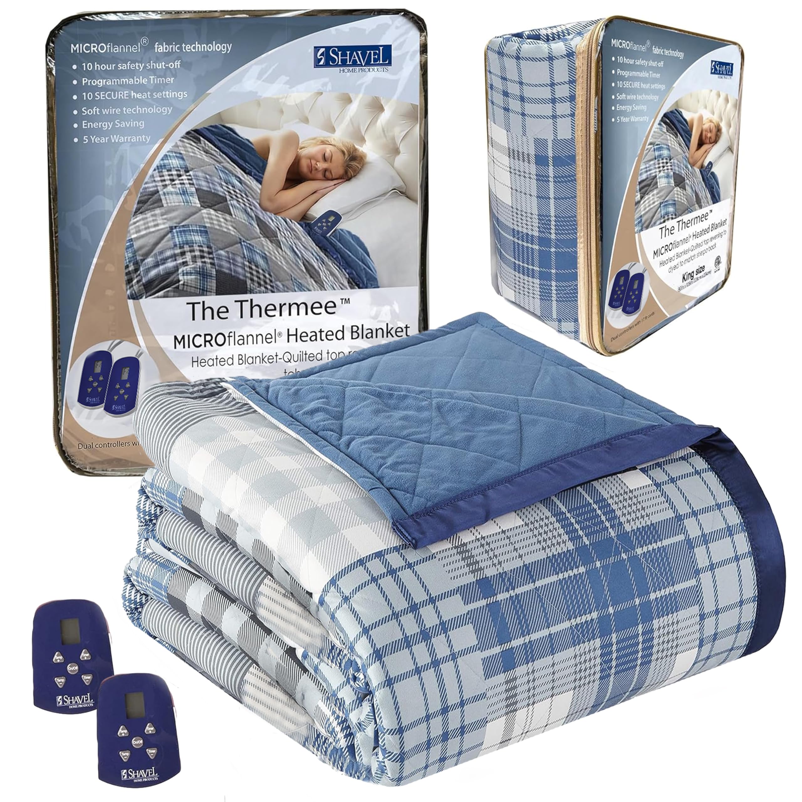 Premium King Size Heated Blanket - 10 Heat Settings & Programmable Timer | Ultra Soft Micro Flannel Electric Throw | Fast Warming Thermal Blanket for Bed, Couch & Winter Comfort - Ultramarine Plaid Design