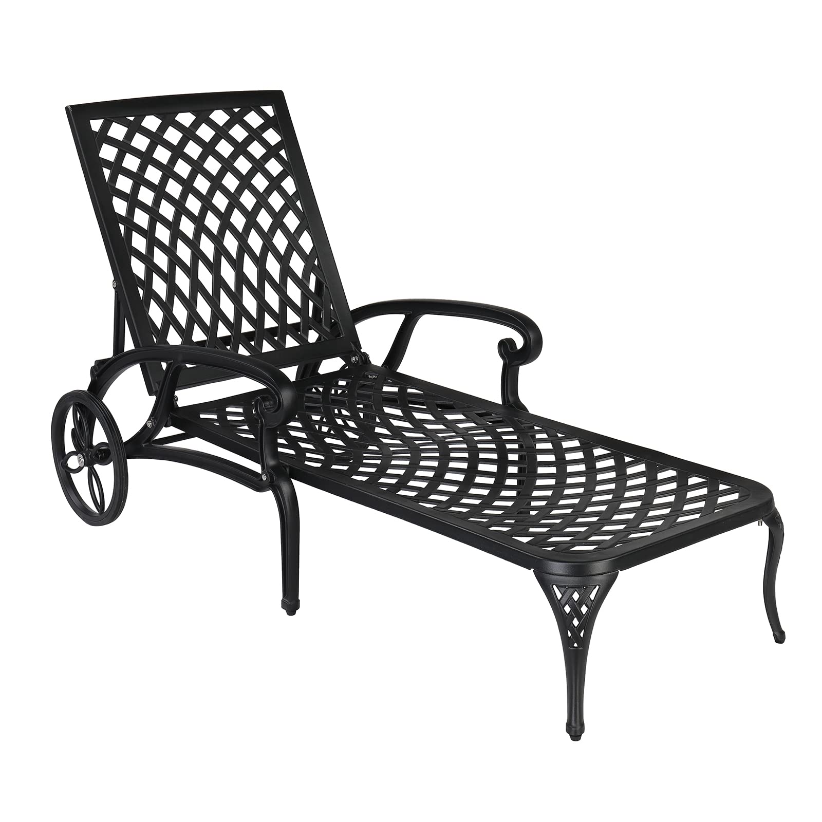 VINGLI Heavy-Duty Cast Aluminum Outdoor Chaise Lounge Chair with Wheels - Adjustable 3-Position Backrest, Weather-Resistant Patio Tanning Chair for Poolside, Beach & Backyard Relaxation (Black, Cushion Not Included)