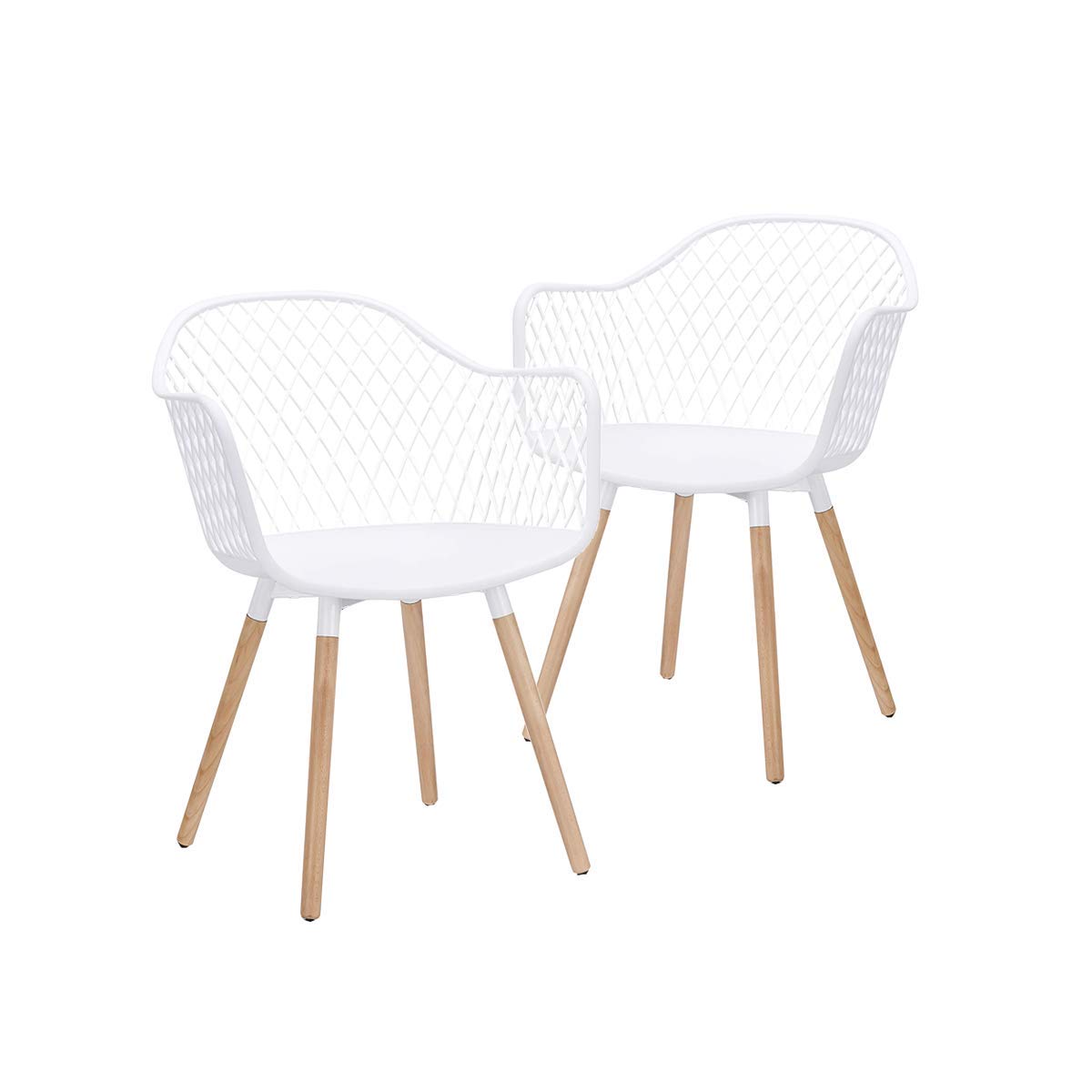 Modern Mid Century Plastic Shell Armchair with Natural Wood Legs - Set of 2 White Hollow Out Chairs for Living Room, Bedroom, Dining & Office - Easy Assembly Home Decor Furniture for Relaxing & Entertaining