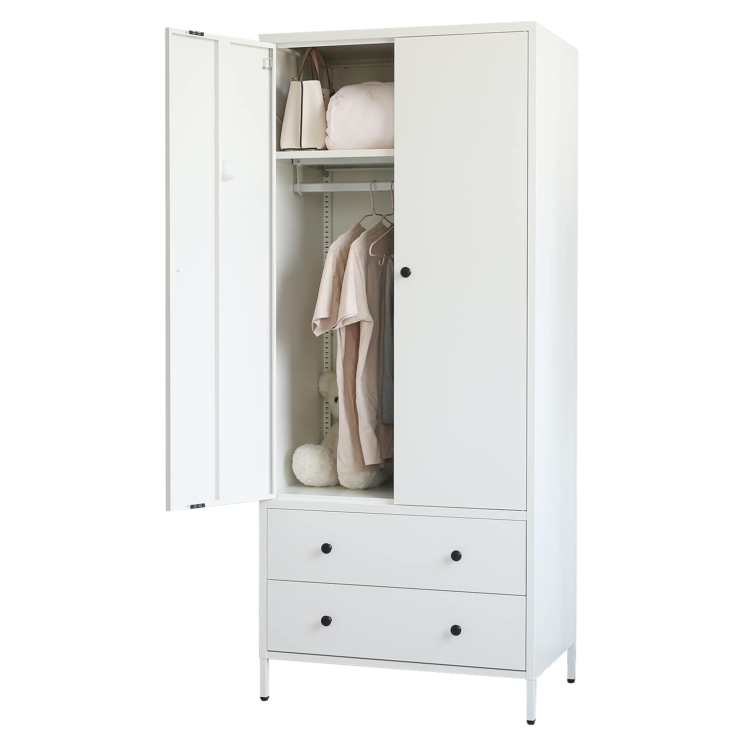 BESFUR Freestanding Wardrobe Closet - White Metal Armoire with 2 Drawers & Adjustable Hanging Rod, 20