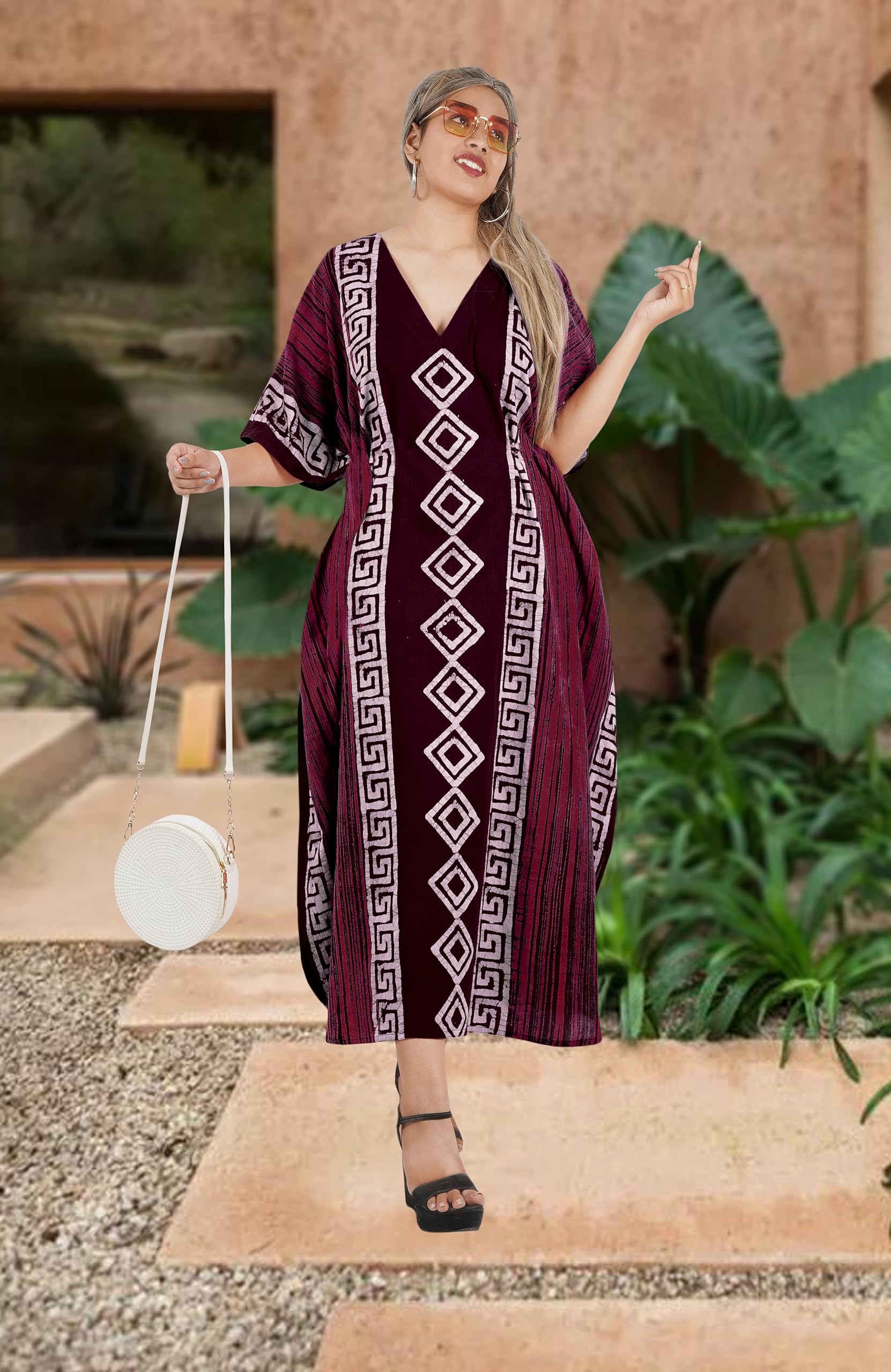 LA LEELA Women's Kaftan Maxi Dress - Loose Fit Bohemian Beach Cover Up, Summer Casual Long Dress with Pockets for Vacation, Pool Party & Lounge Wear