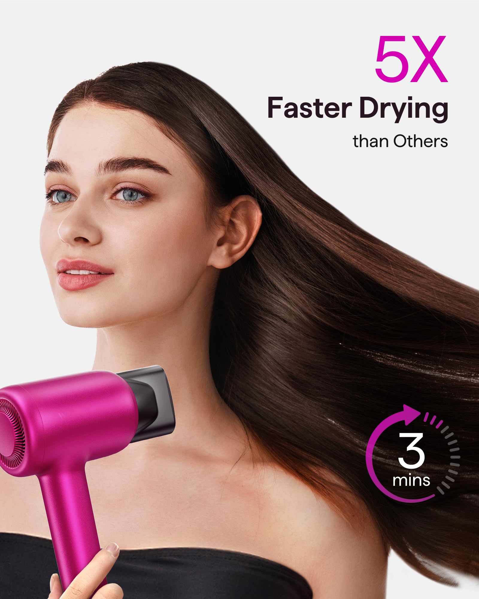 Wavytalk Turblow Pro Hair Dryer - 110,000 RPM High Speed Blow Dryer with Diffuser | Negative Ion Technology for Frizz Control & Less Damage | 3 Heat & 3 Speed Settings | Hot Pink | Perfect for Salon-Quality Styling at Home, Travel & Professional Use