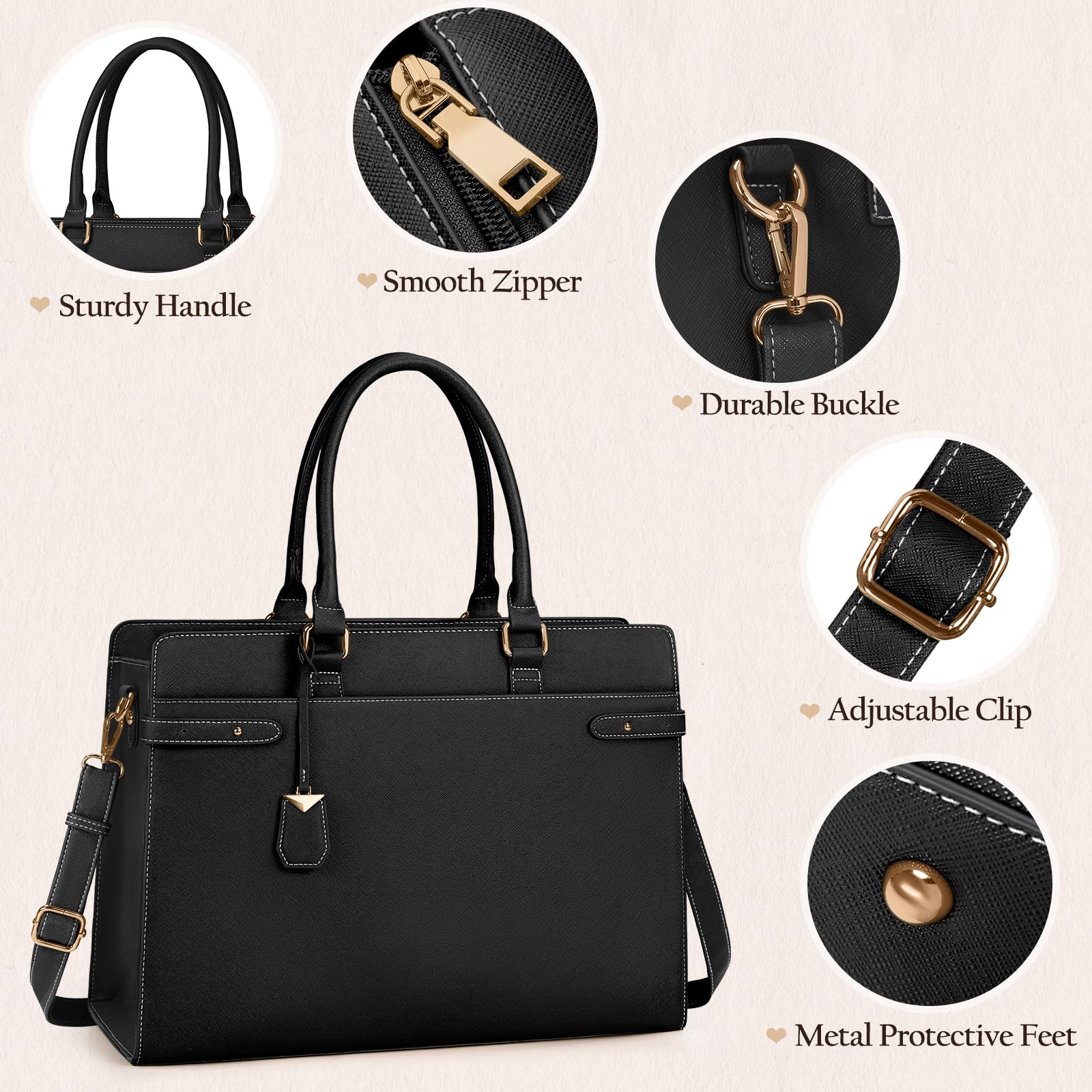 IGOLUMON 15.6 Inch Leather Laptop Bag for Women - Waterproof Professional Work Tote Bag with Large Capacity, Shoulder Briefcase Handbag (Black) - Perfect for Business Travel, Office Commute & Daily Use