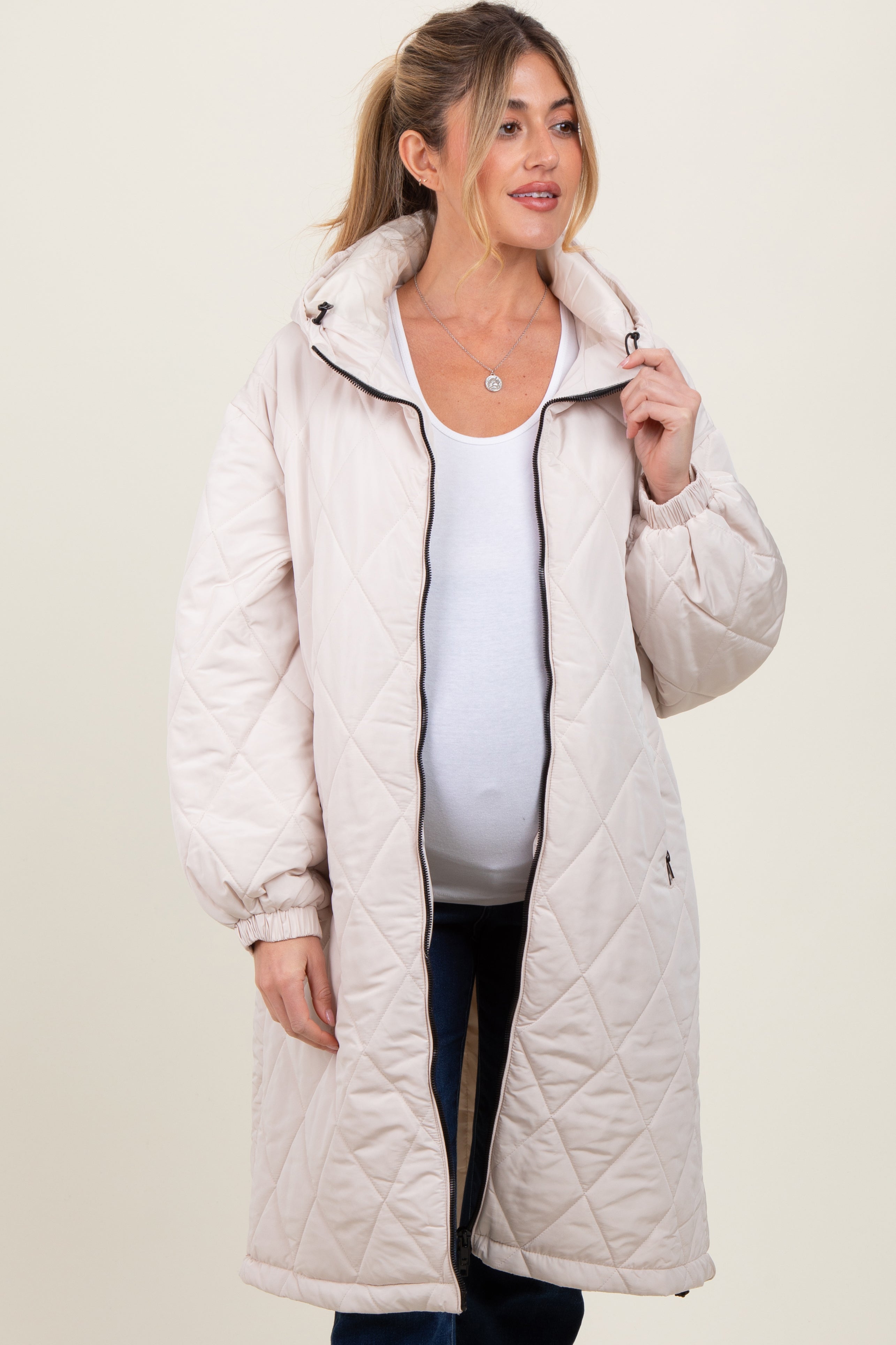 Beige Quilted Long Maternity Puffer Jacket - Warm Winter Coat for Pregnant Women | Perfect for Outdoor Activities & Cold Weather Protection
