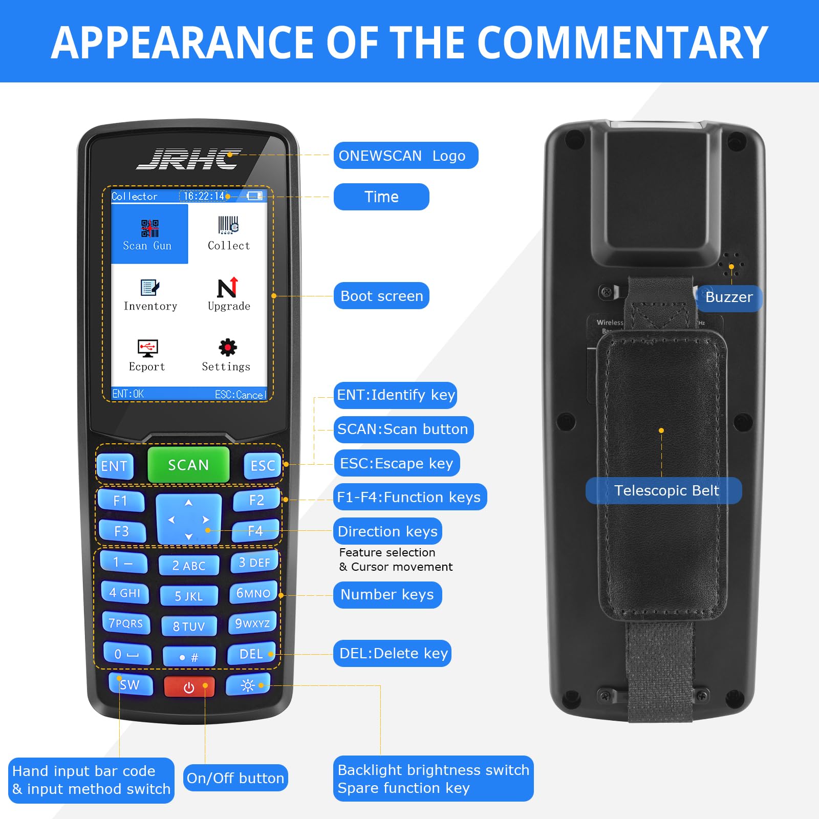 JRHC 1D 2D Wireless Barcode Scanner - Portable Inventory Management Device with 2.8