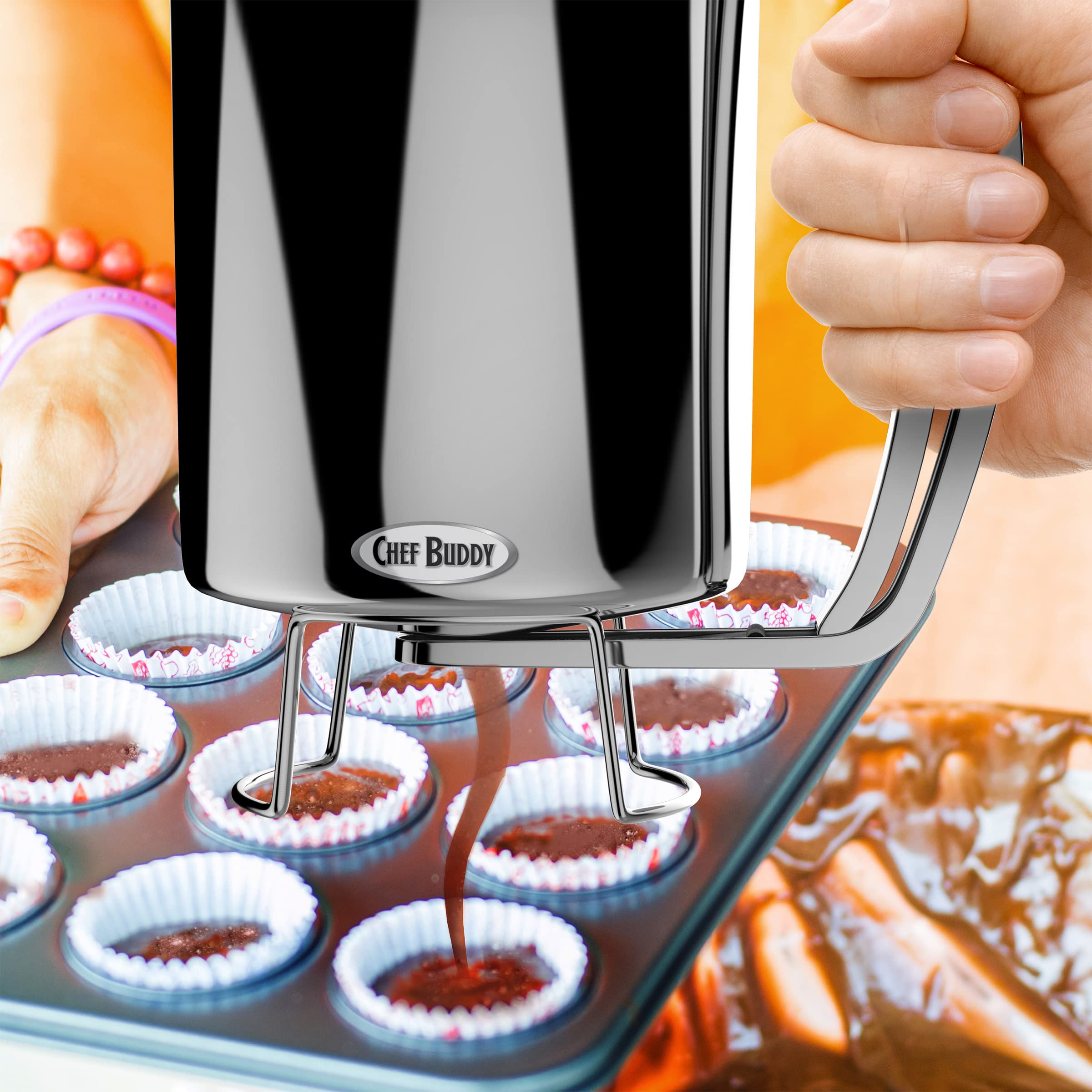Premium Stainless Steel Pancake Batter Dispenser - No Drip Pourer for Perfect Pancakes, Waffles, Cupcakes & Muffins - 4.25